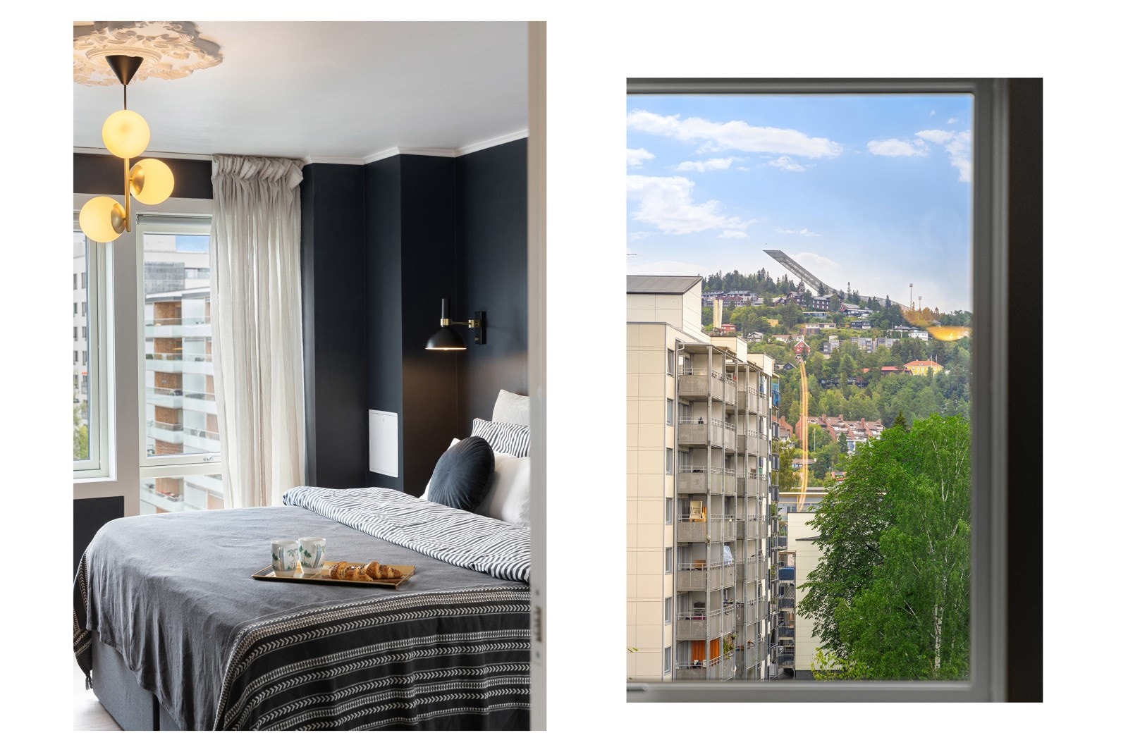 Gode vindusflater på soverommet. Fin utsikt mot Holmenkollen, som også er et flott skue på kveldstid. Galleribilde