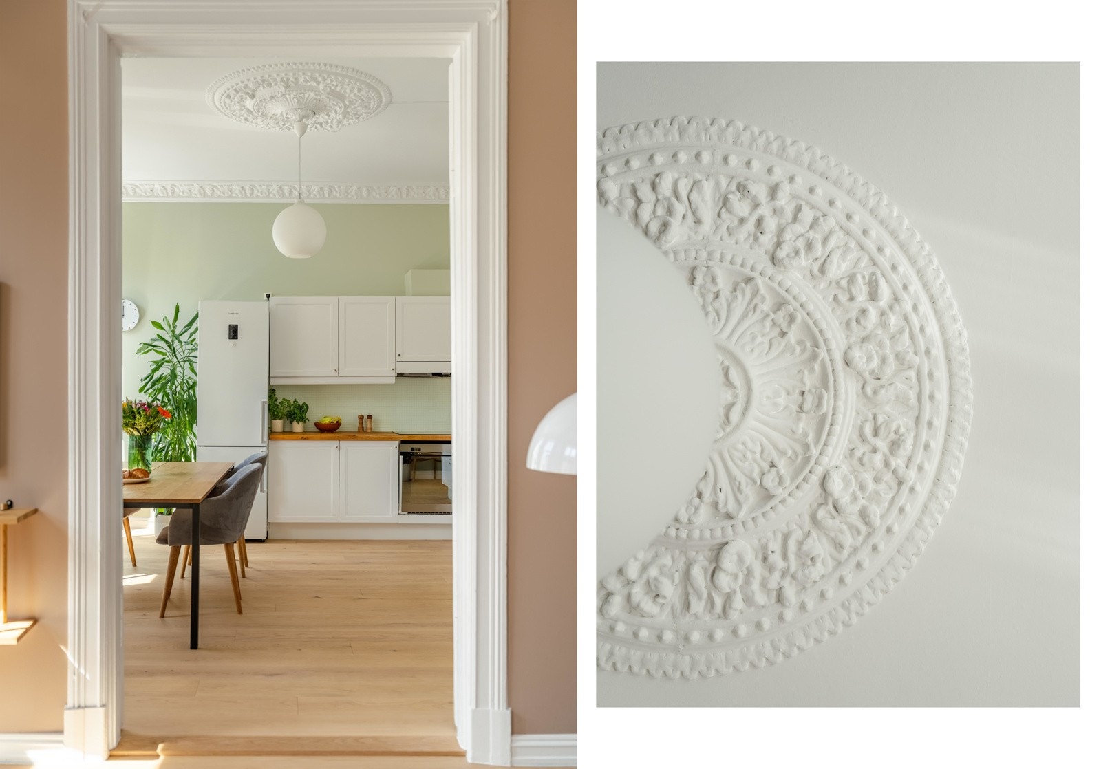 Også verdt å nevne er de fine, klassiske detaljene som vi finner i leiligheten. Du får rosetter, stukkatur og takhøyde, målt til hele 3,17 meter i stuen. Galleribilde