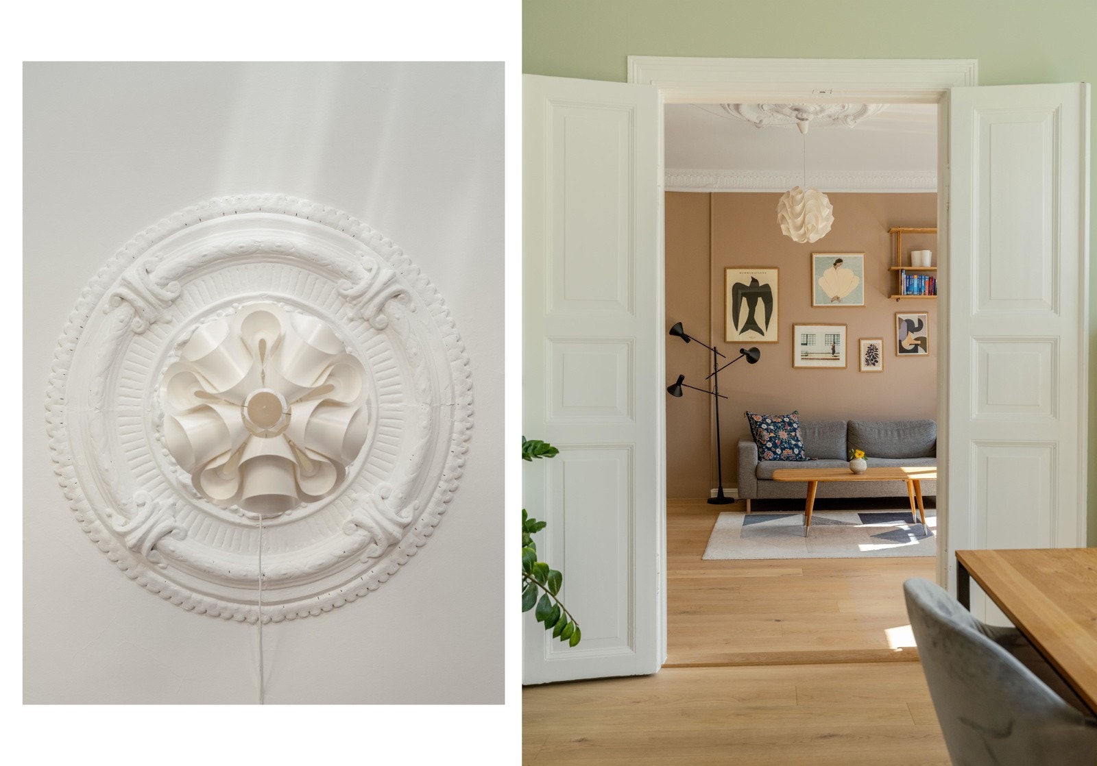 Det er også nydelig rosett og stukkatur i begge stuer. Galleribilde