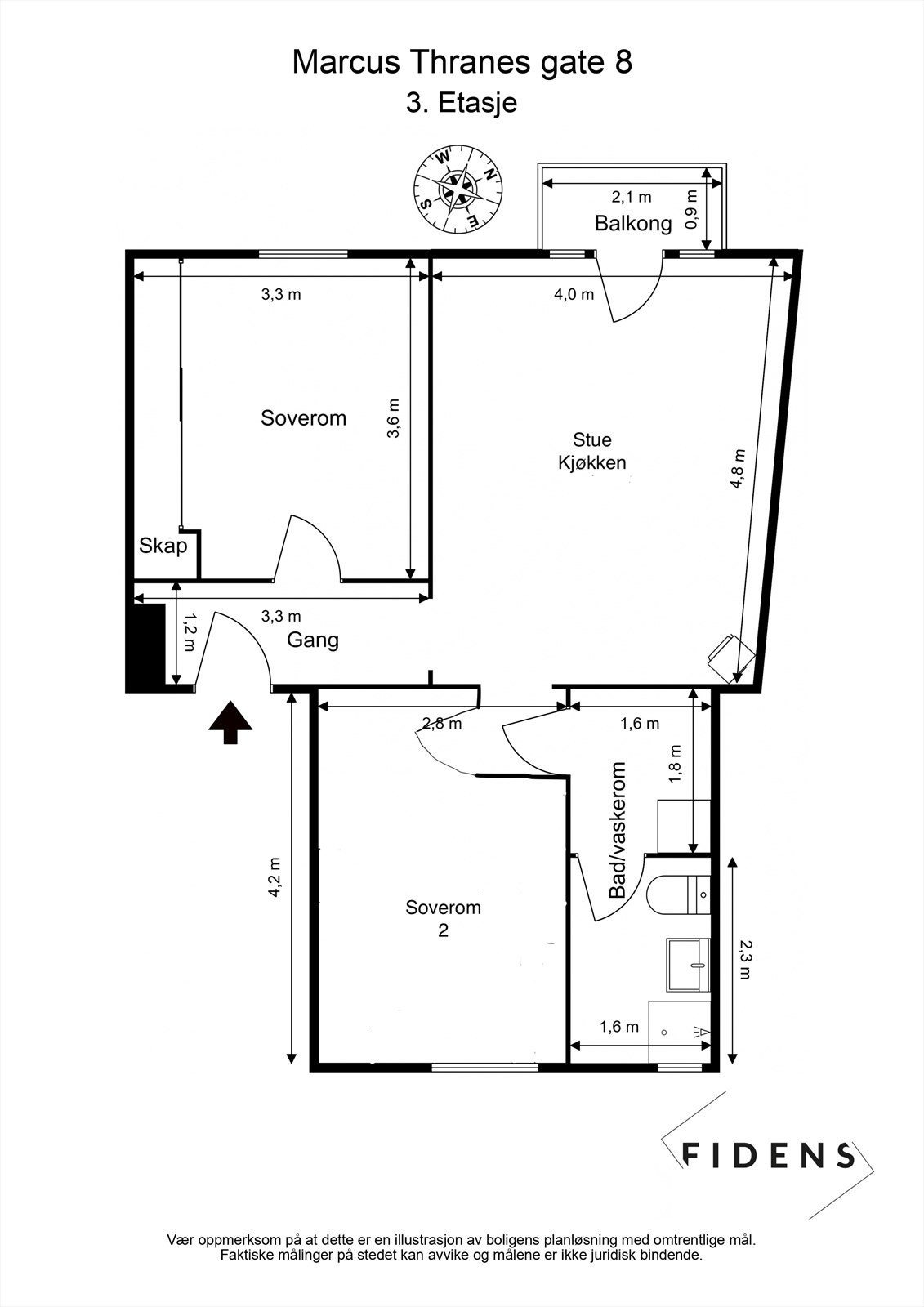 Alternativ plantegning med 2 soverom. Selger/megler har intet ansvar for at løsningen lar seg gjennomføre, men løsningen er benyttet i tilsvarende leilighet i borettslaget. Galleribilde