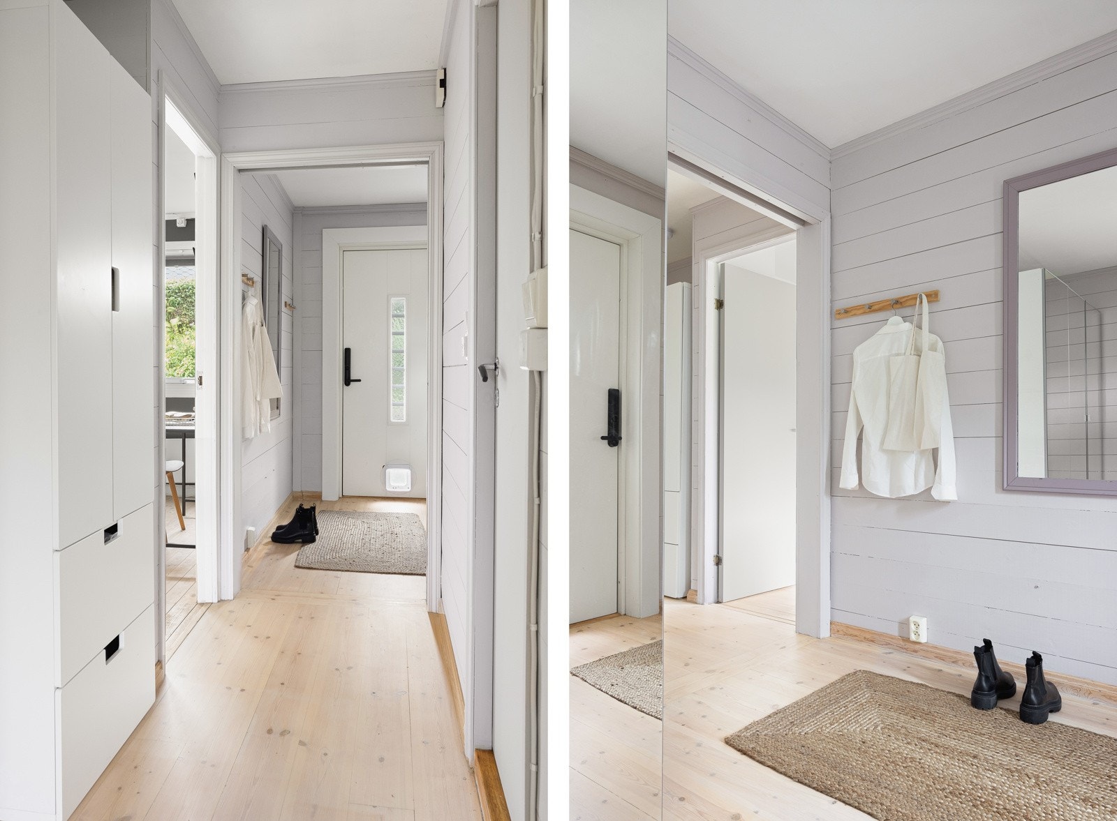 Entreen er romslig med plass til å henge fra seg yttertøy og sko i skapene. Galleribilde