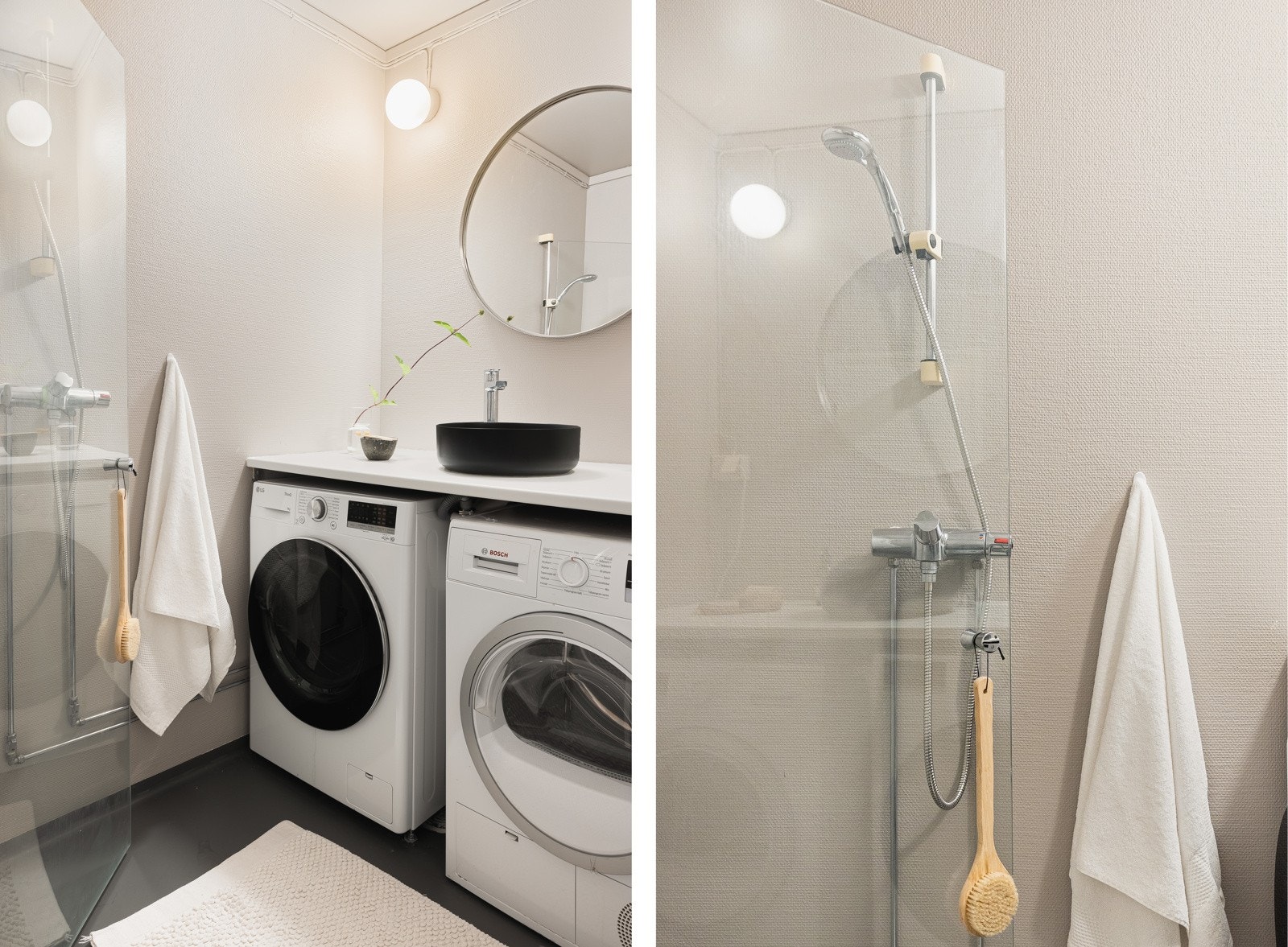 Badet i underetasjen har belegg på gulv, med malt strie på vegger og en slett malt himling. Galleribilde