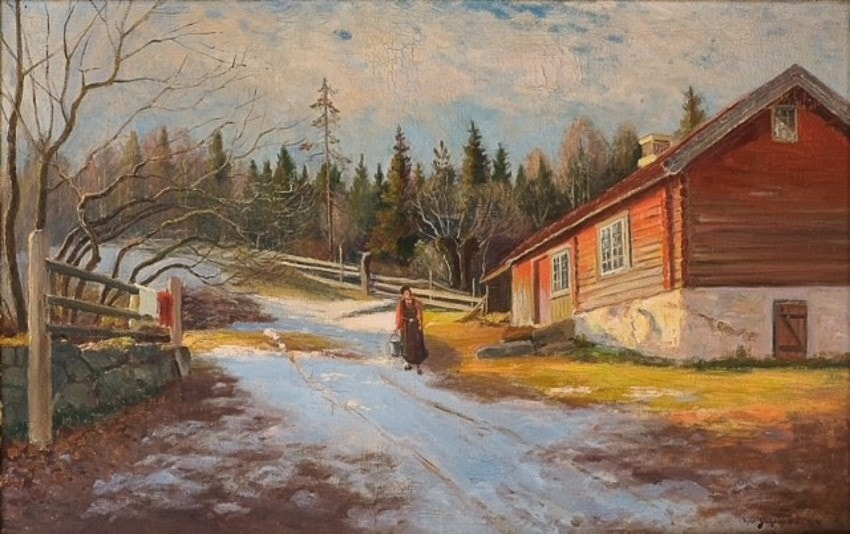 Maleri av bryggerhuset. Malt av Andreas Singdahlsen, lånt av Grev Wedels plass Auksjoner Galleribilde