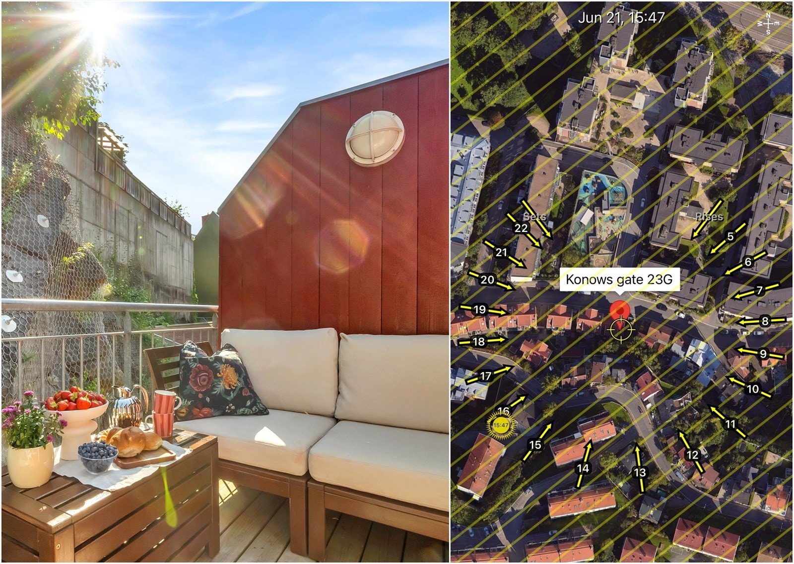 Leiligheten har to uteplasser. Det er sol store deler av dagen på den største balkongen mot bakgård. Galleribilde