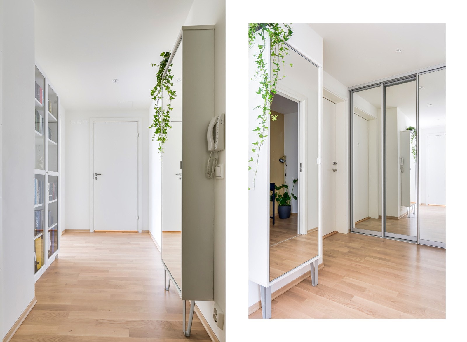 Gang med døren til bad og utgangsdøren. Skyvedørsgarderobe med speil. Galleribilde