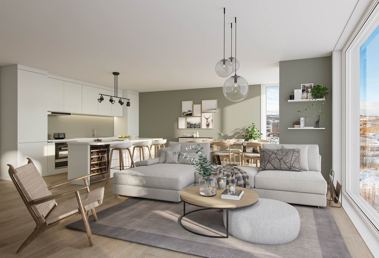 Utstrakte vindusflater som sikrer rikelig med naturlig dagslys, Fra stuen og kjellerstuen har man direkte utgang til en veranda og en markterrasse med gode solforhold og en herlig utsikt. Galleribilde