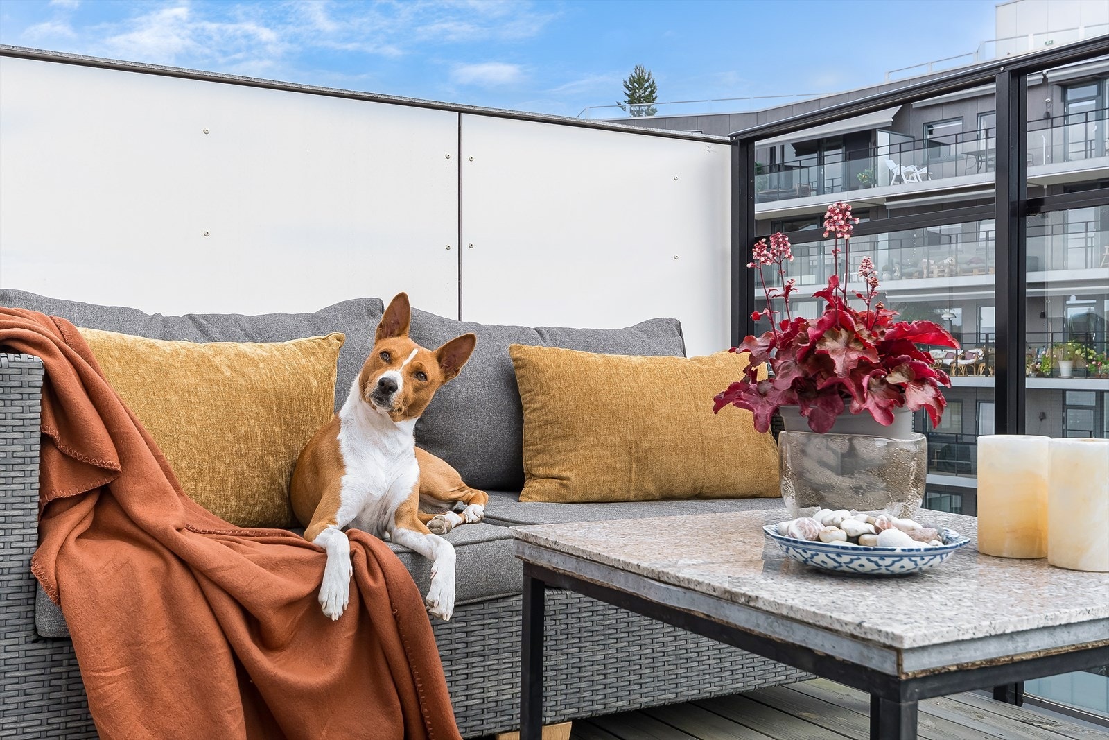 Fra soverommet har du også utgang til en stor balkong. Her kan du nyte dagens første kaffekopp i morgensolen sammen med din firbente venn. Galleribilde