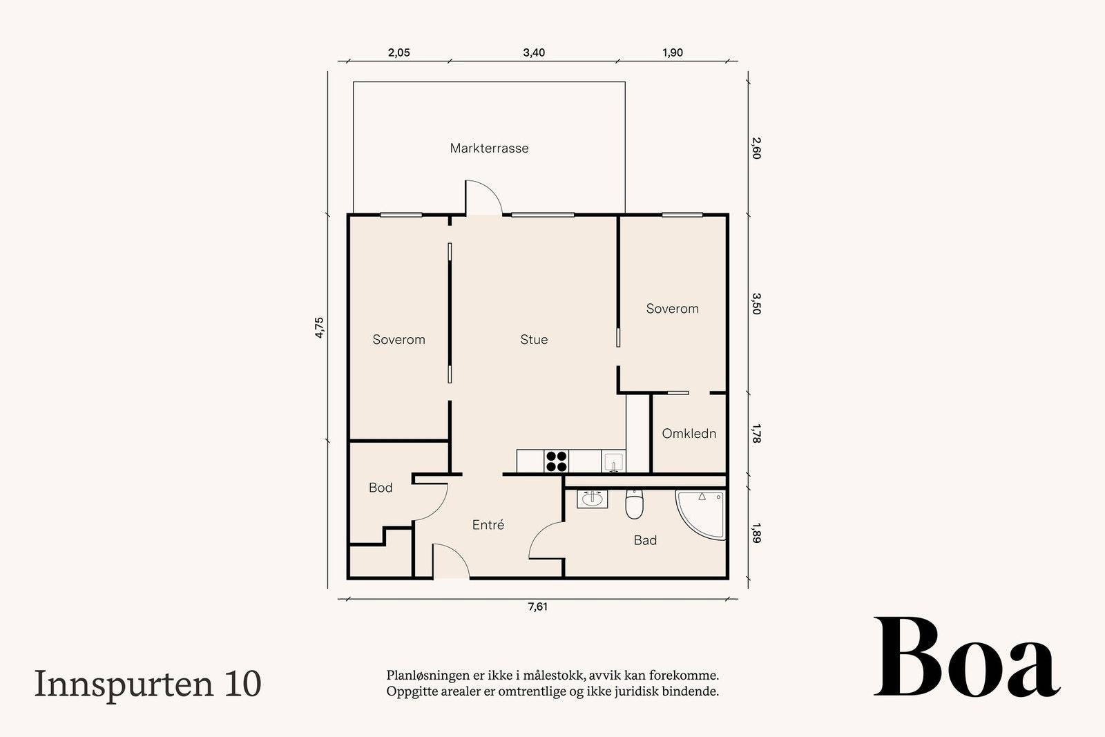 1. etasje: Entré/gang, bod, to soverom, omkledningsrom, bad og stue/kjøkken. Terrasse på ca. 16kvm og plen. Galleribilde