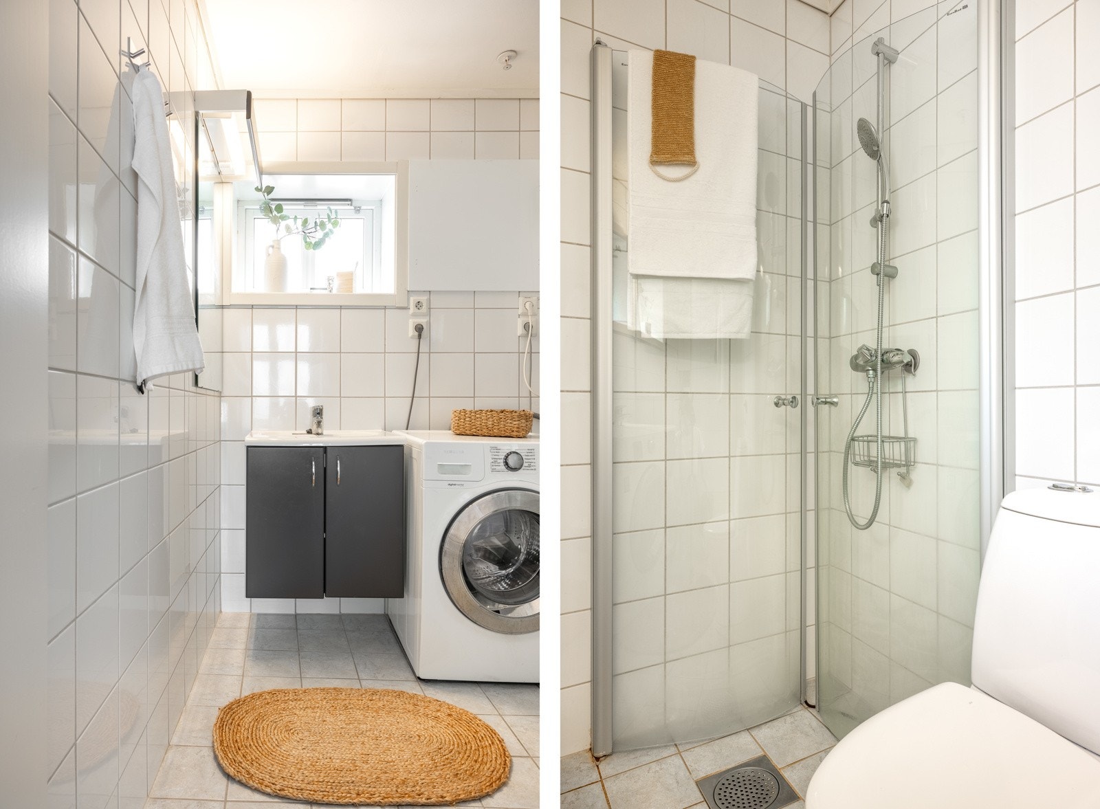 Badet er innredet med dusjhjørne, toalett, opplegg for vaskemaskin, varmtvannstank og baderomsinnredning. Galleribilde