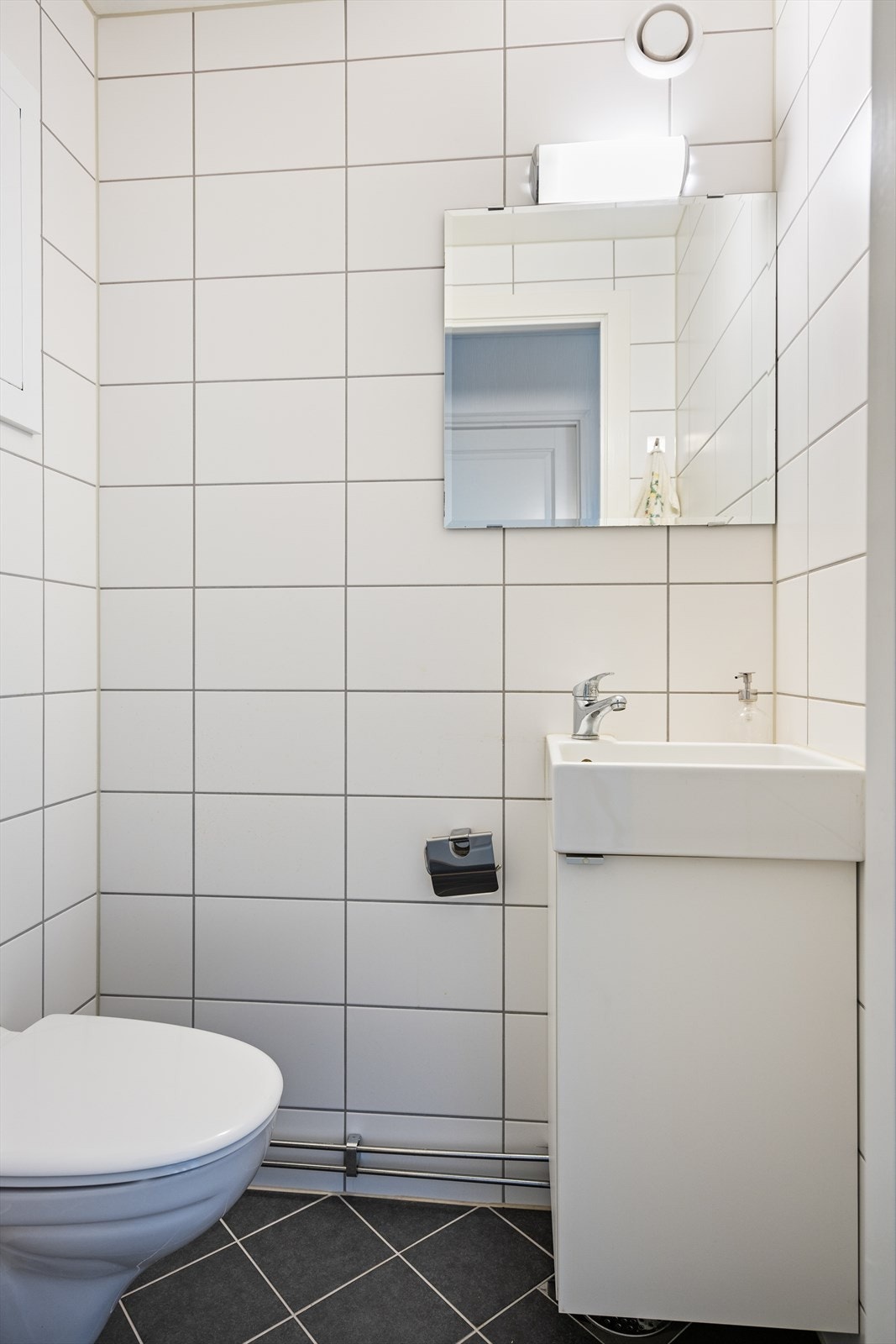 Boligen har et separat toalettrom og fremstår med servant med underskap og veggmontert wc. . Galleribilde