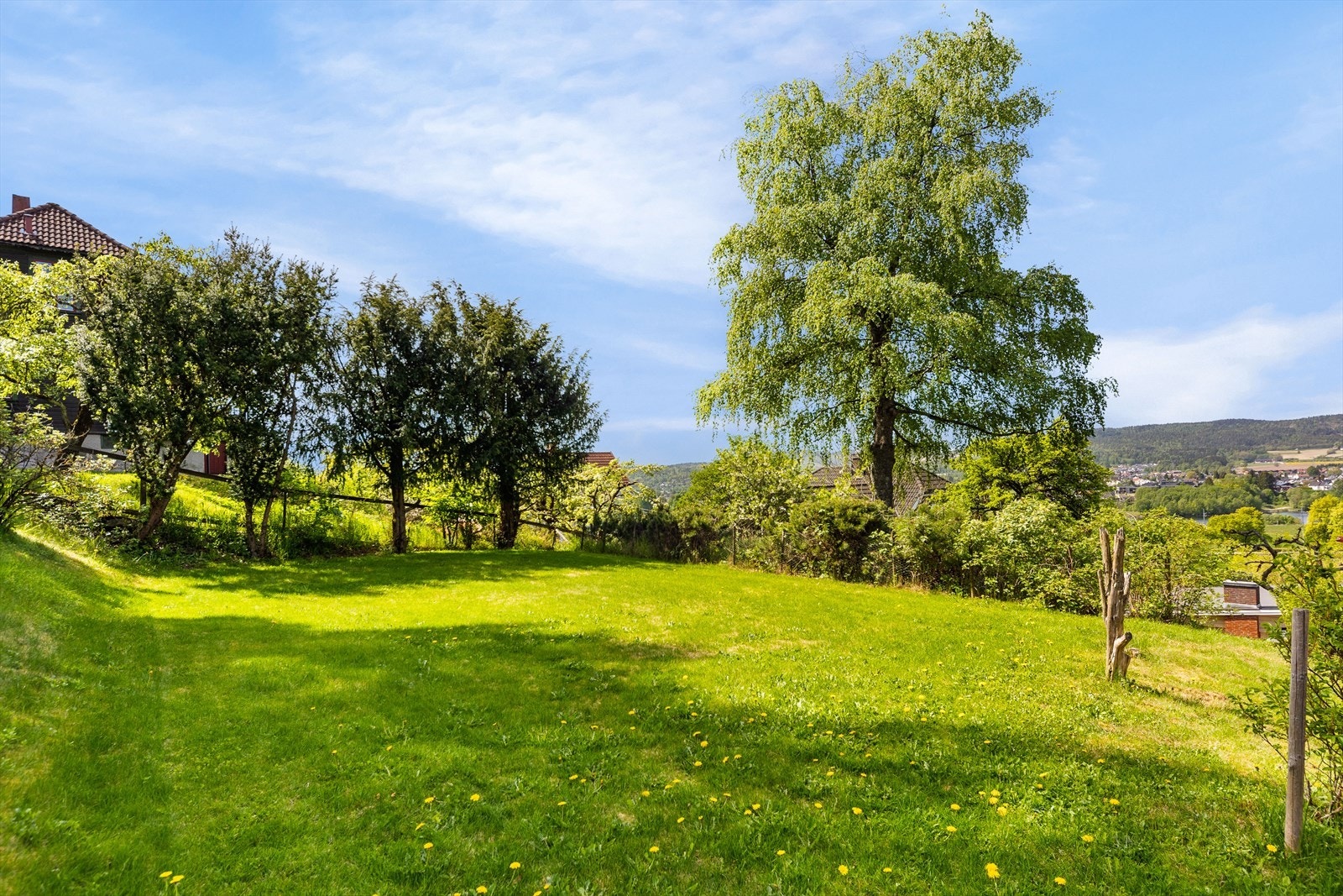Tomten er særdeles pent opparbeidet med plenområder, og er rikt beplantet med prydbusker, blomsterbed og frukttrær Galleribilde