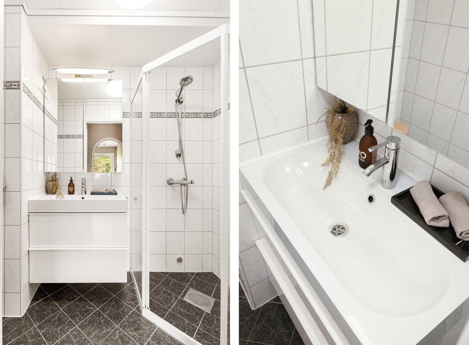 Badet er innredet med dusjhjørne og baderomsinnredning Galleribilde