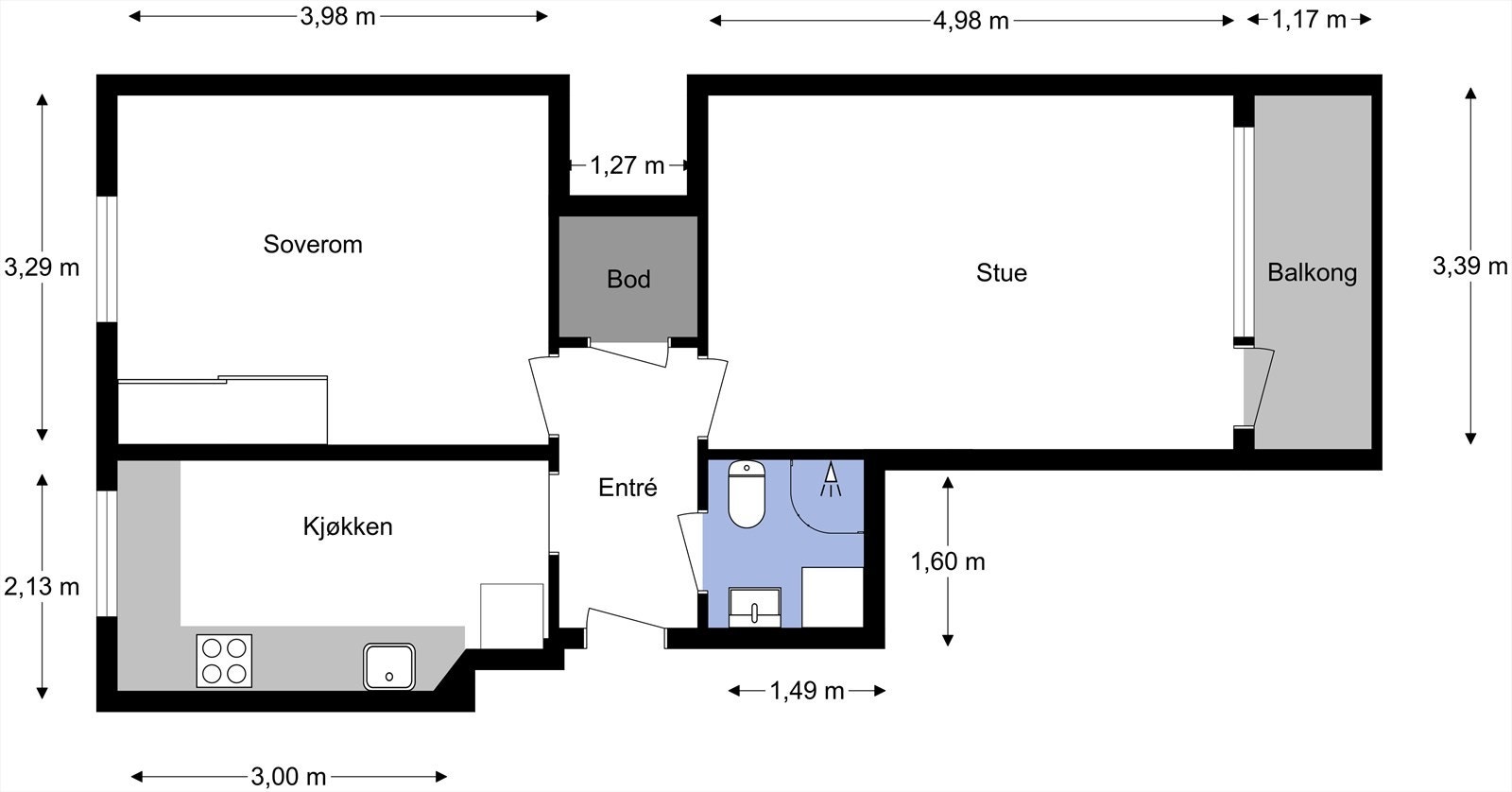 Planskisse - I tillegg disponerer leiligheten en bod i kjeller og en på loftet Galleribilde