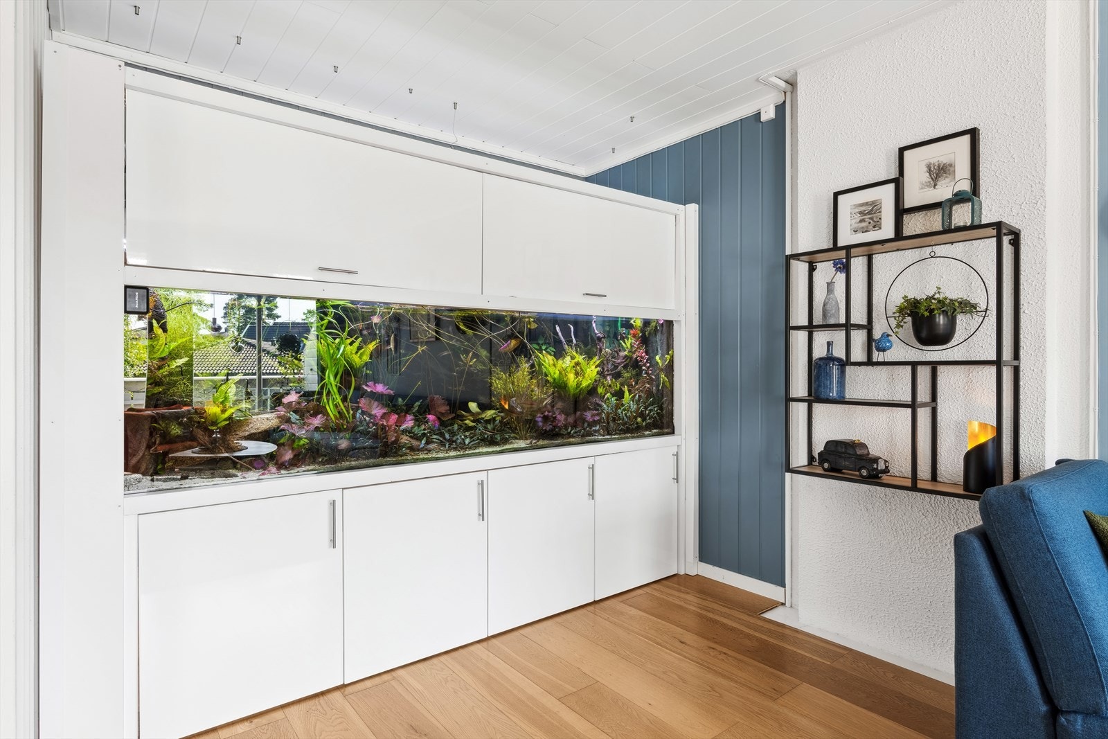 Det er per i dag bebygget et stort og unikt akvarium i enden av stuen, hvor selve akvariet kan medfølge salget dersom ønskelig. Galleribilde