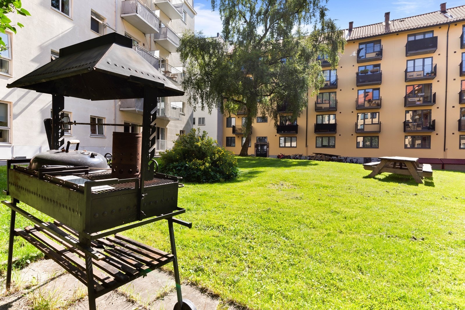 Fellesarealene er opparbeidet med gressplen, beplantning, lekeapparater og sittegruppe. Galleribilde