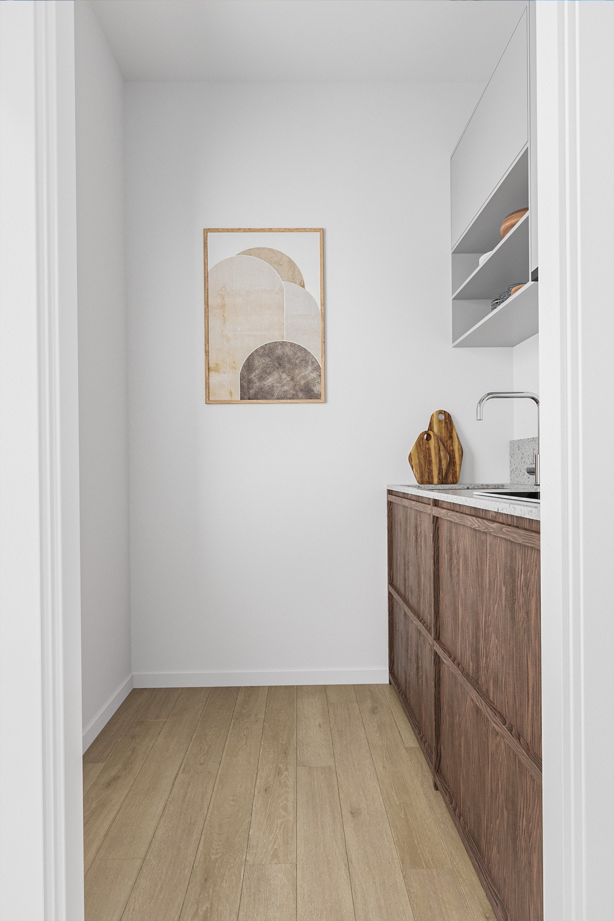 En enkel løsning på hvordan nytt kjøkken kan være etter oppussing. Her finnes det mange alternative løsninger, blant annet å lage døråpningen større (illustrasjonsfoto). Galleribilde