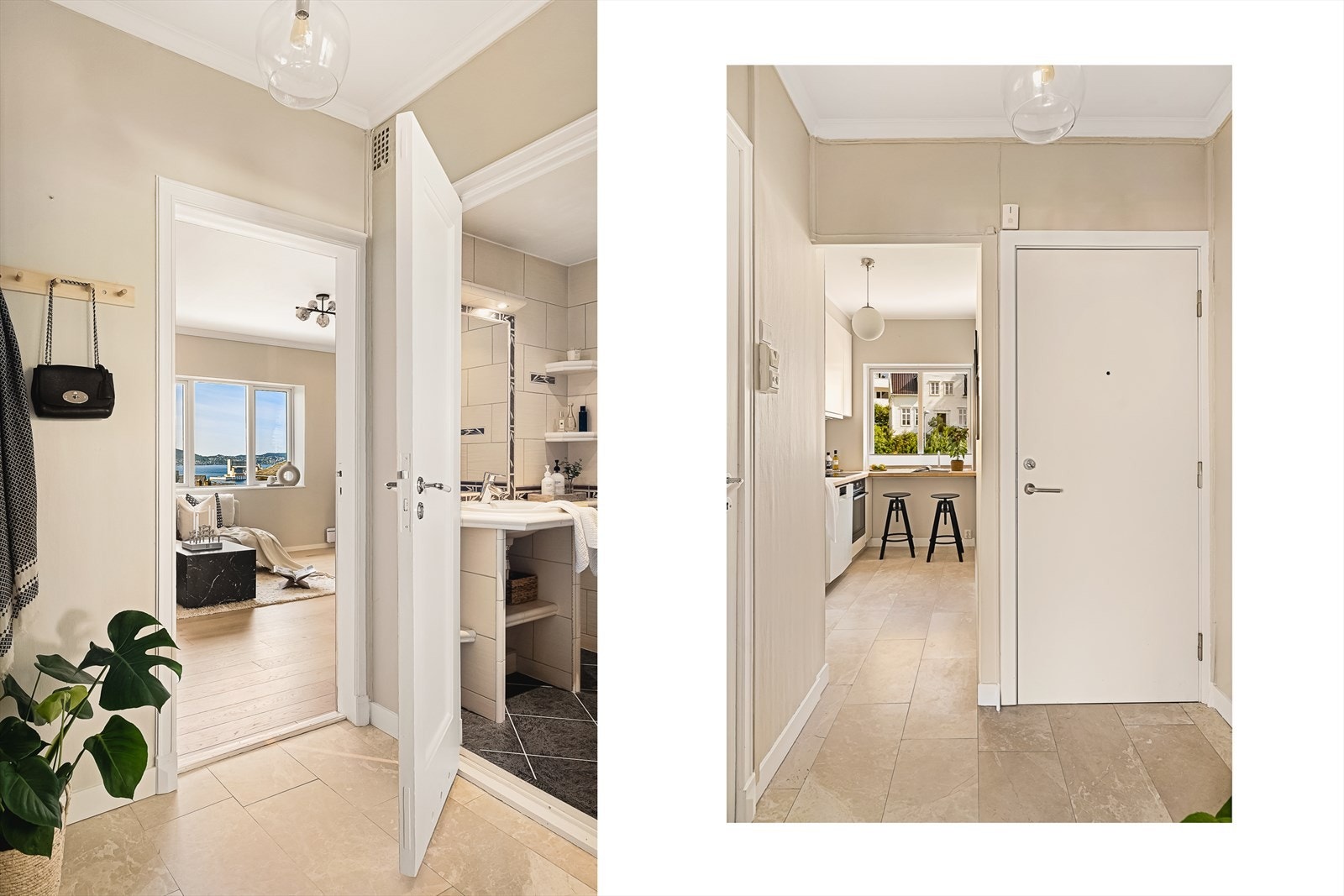 Velkommen inn! Romslig entré/gang med god plass til å henge fra seg både sko og yttertøy. Entreen fremstår moderne med italienske marmorfliser på gulvet og behagelige beige vegger. Herfra har du tilgang til stue, kjøkken og bad. Galleribilde