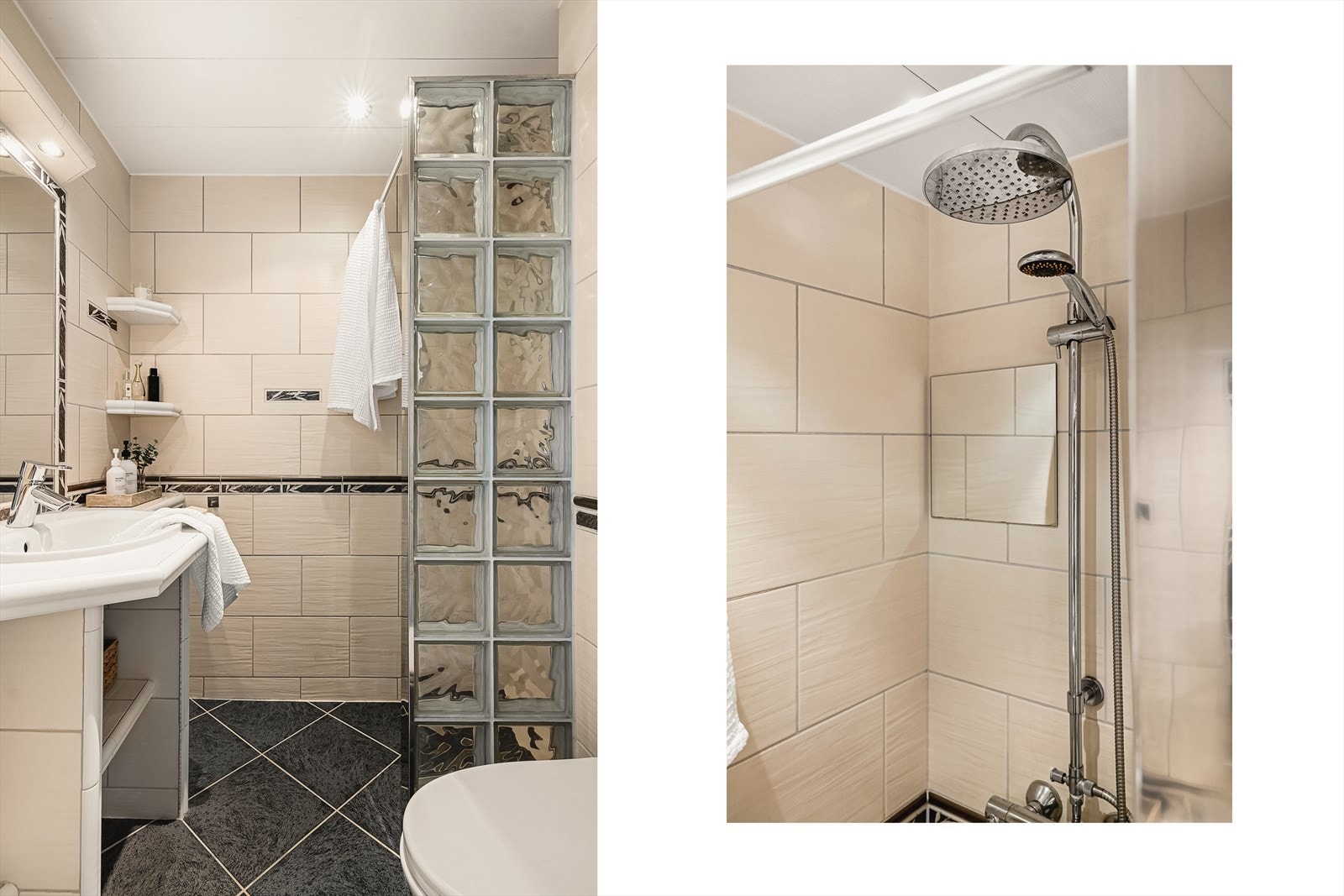 Fra entreen er det også inngang til badet, som har flislagte vegger og gulv, med elektriske varmekabler i gulvet. Galleribilde