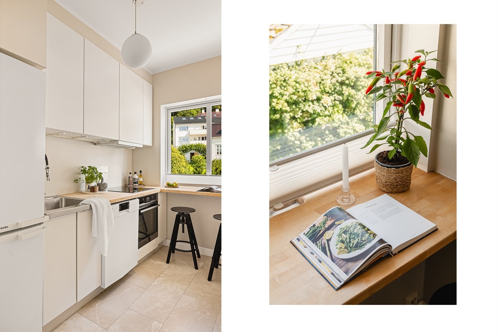 Kjøkkenet ligger også med adkomst fra entréen. Det har stilrene, hvite fronter og en heltre benkeplate. Kjøkkenet er godt utnyttet med rikelig skapplass, og benkeplaten fortsetter i en L-form ved vinduet, som også fungerer som en praktisk barløsning. Galleribilde