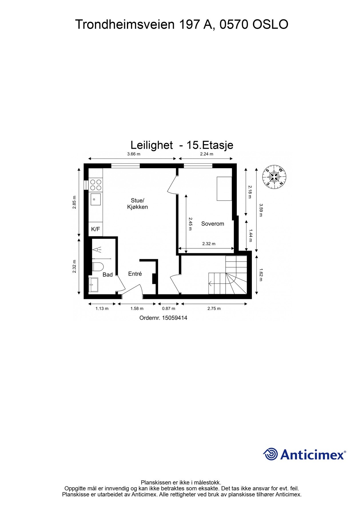 Målsatt planskisse - 15. etasje: Stue/kjøkken, soverom, baderom, entré. Galleribilde