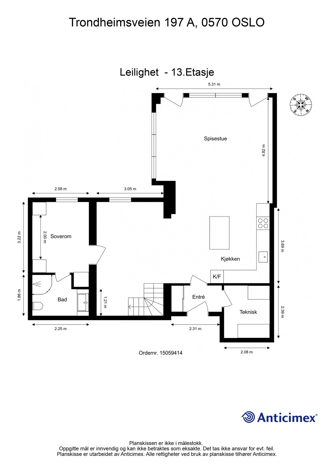 Målsatt planskisse - 13. etasje: Stue/kjøkken, soverom, baderom, teknisk rom og entré. Galleribilde