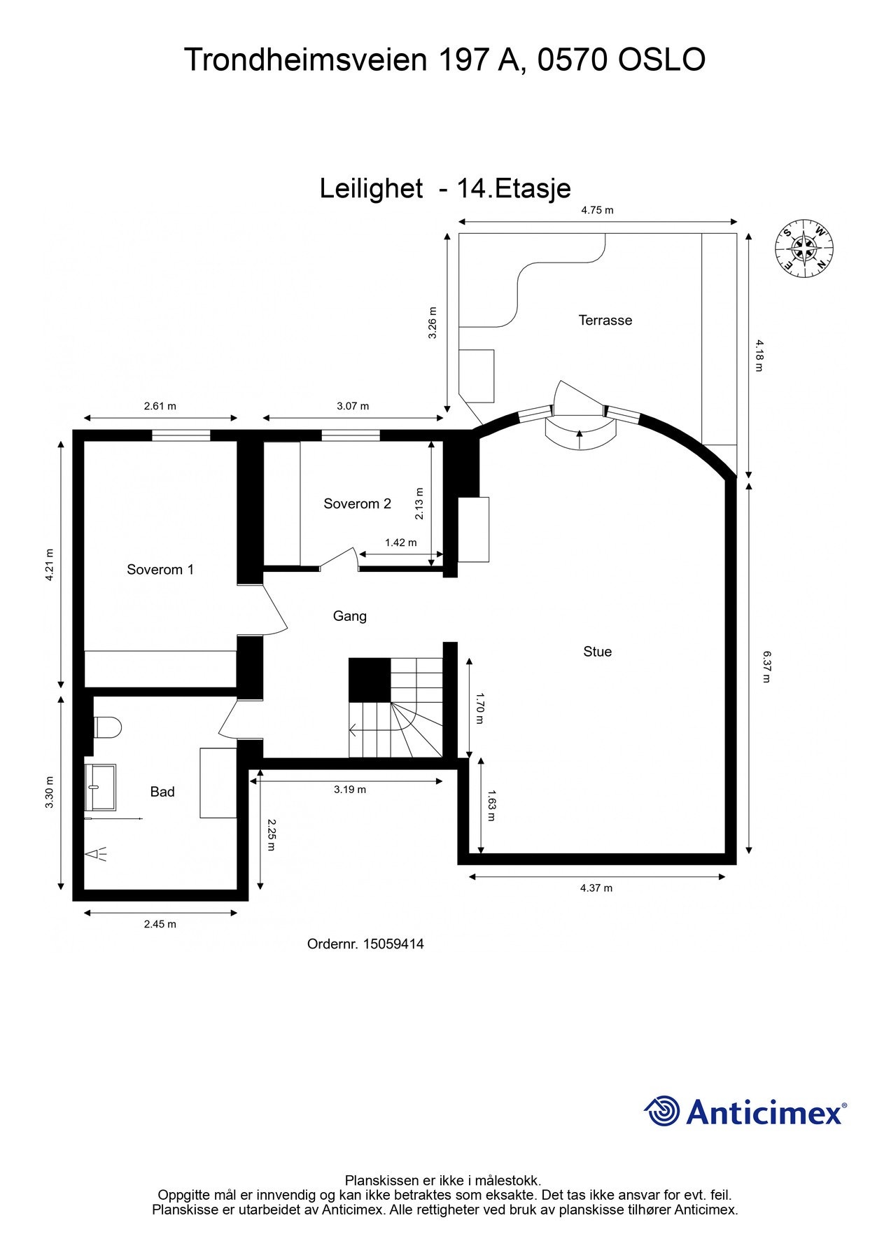 Målsatt planskisse - 14. etasje: Takterrasse, peisestue, to soverom og baderom. Galleribilde