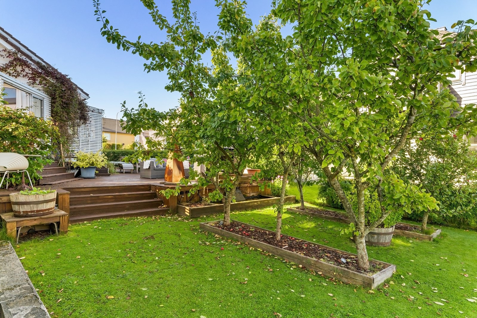 Epletrær bidrar til godt miljø. Herlige uterom skaper høy bokvalitet og innbyr til sosial samling. Sol på eiendommen til ca kl 21:30. En sone for enhver anledning. Galleribilde