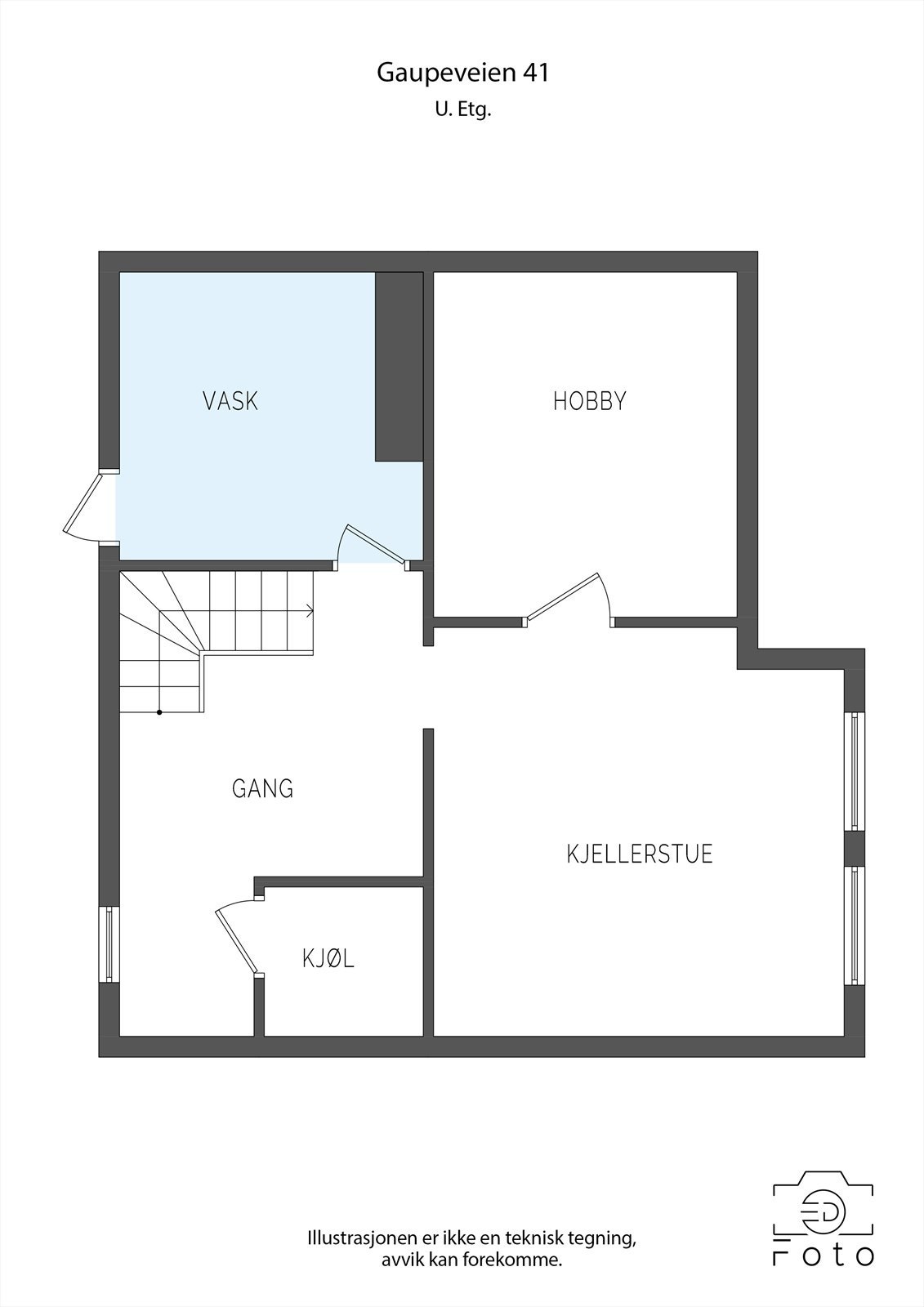 Kjeller med hobbyrom benyttet som kjellerstue, vaskekjeller med utgang og verksted. Galleribilde