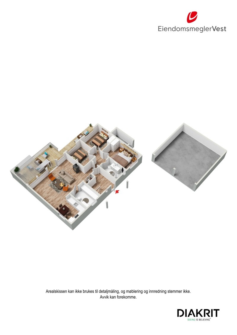 3D plantegning av hovedetasje og garasje. Galleribilde