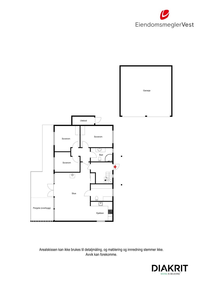 2D plantegning av hovedetasje og garasje. Galleribilde