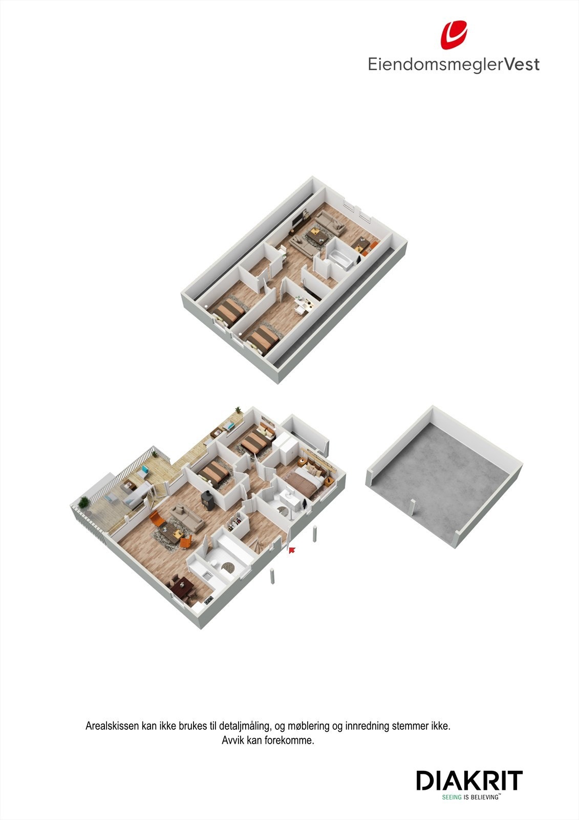 3D plantegning av huset og garasje. Galleribilde