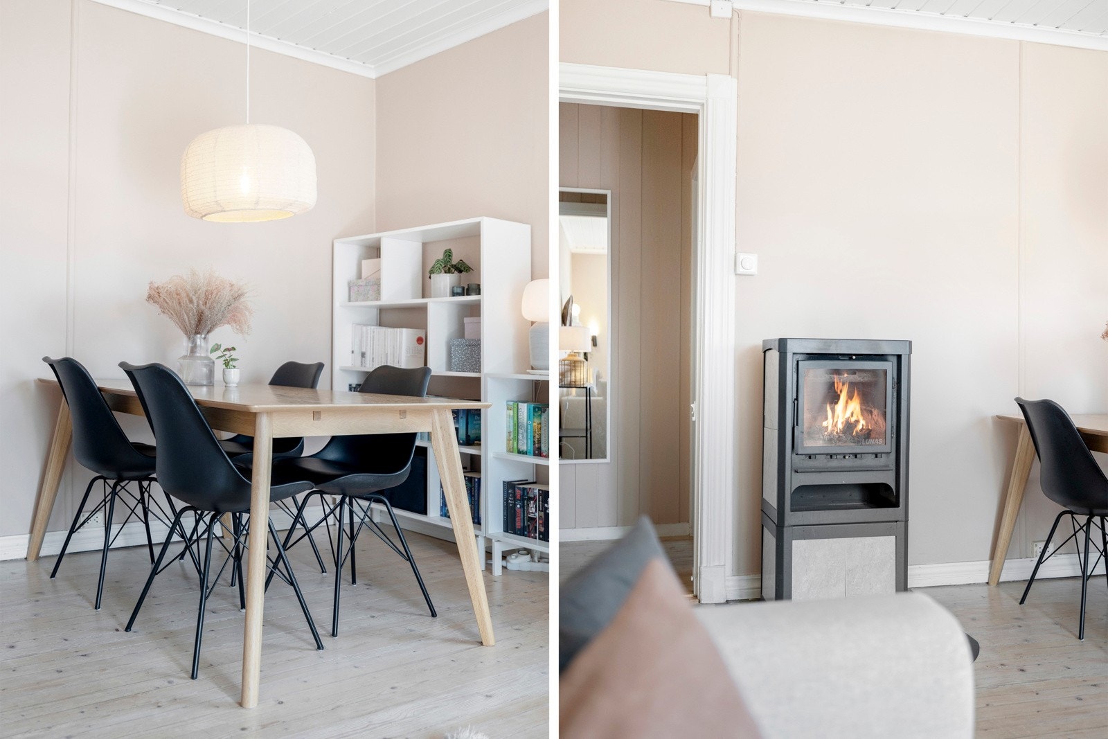Stuen er lys og romslig med hygge fra peisovn og god plass til spisebord. Galleribilde