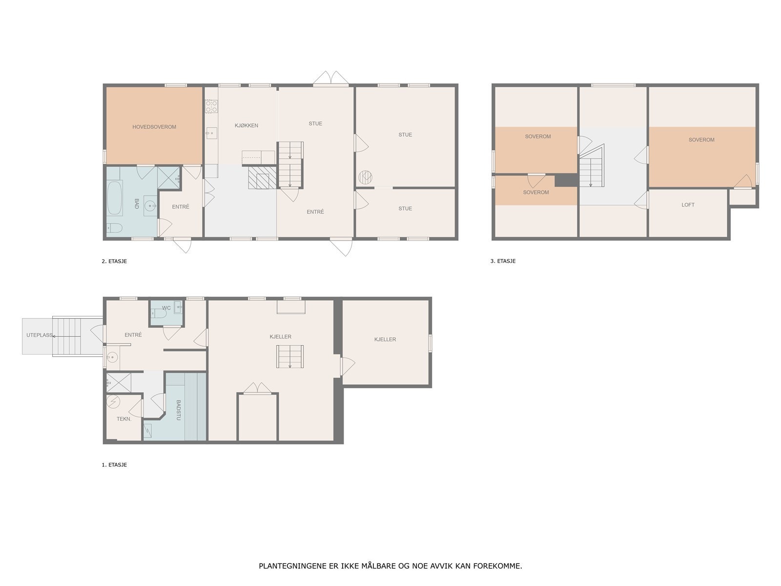 Plantegning alle etasjer i våningshuset. Galleribilde