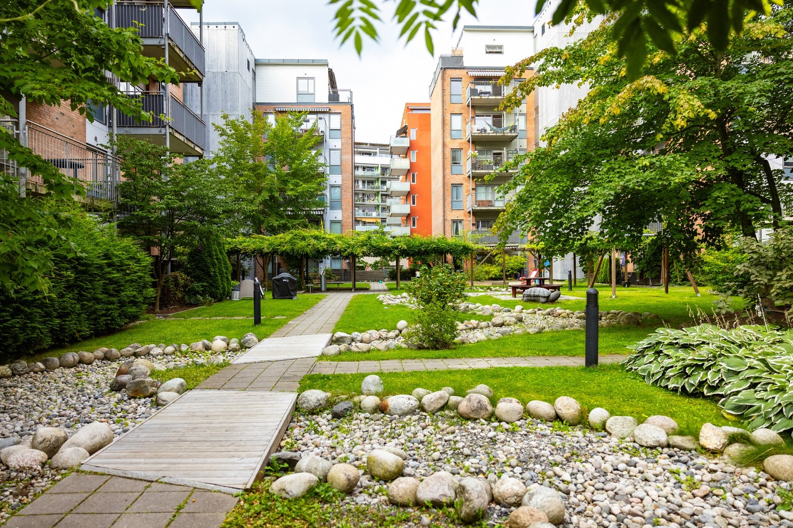 Borettslaget har fine og frodige fellesområder i gårdsrommet. Galleribilde