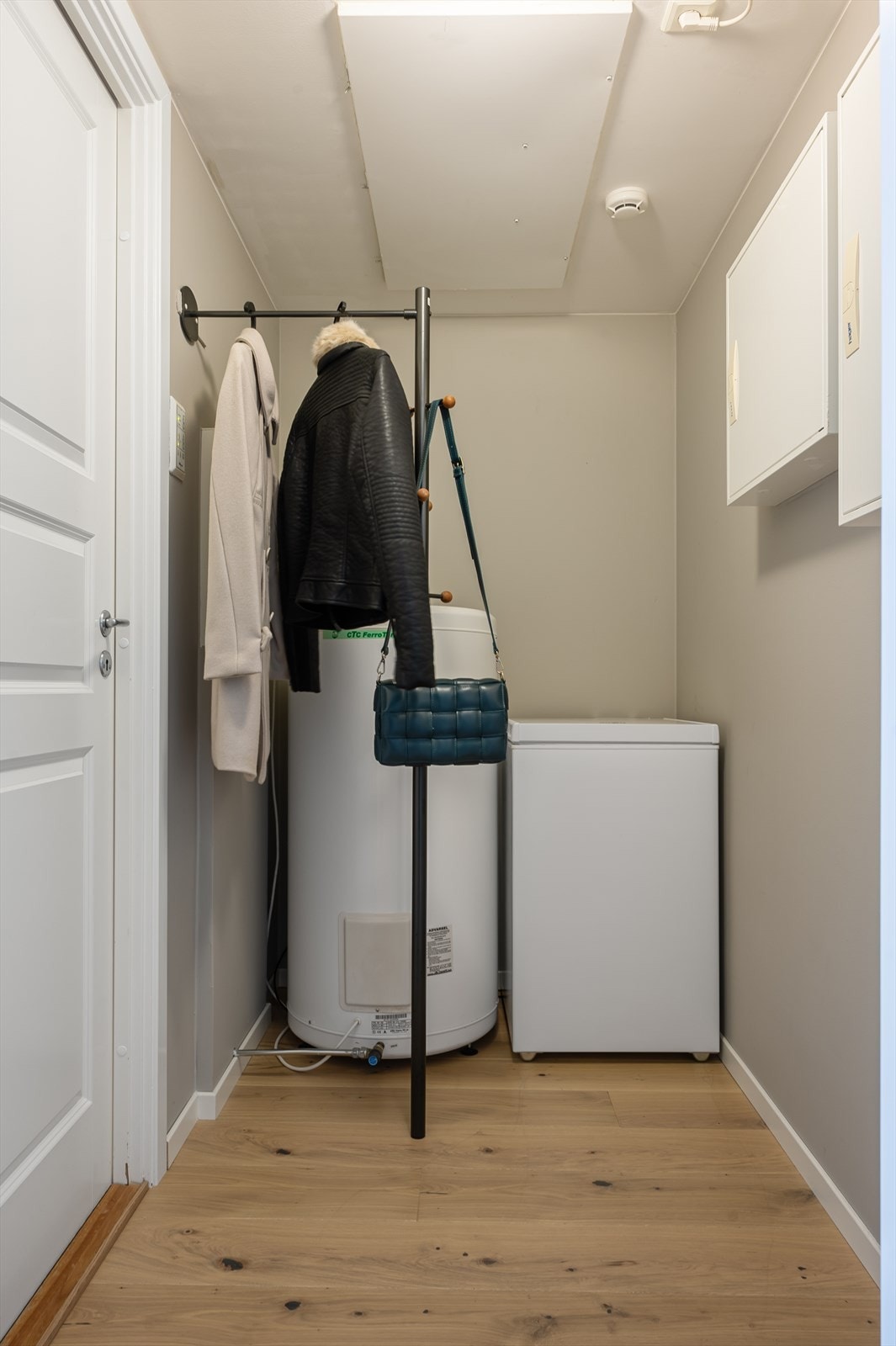 Boden brukes også som gang/garderobe med oppheng til jakker. Døren til venstre fører inn til badet Galleribilde