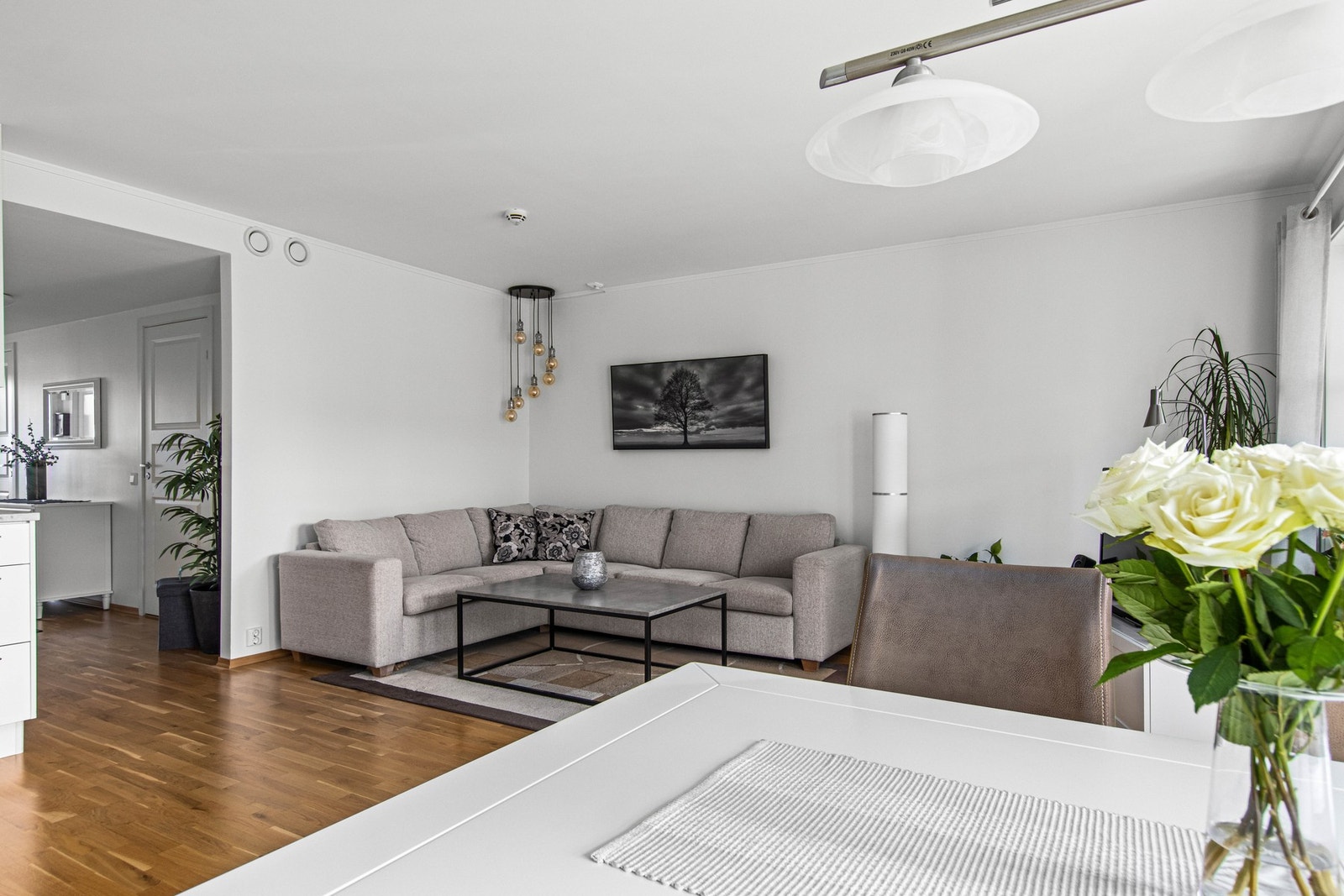 Stuen har naturlige soner for sofa, spisegruppe osv. Galleribilde