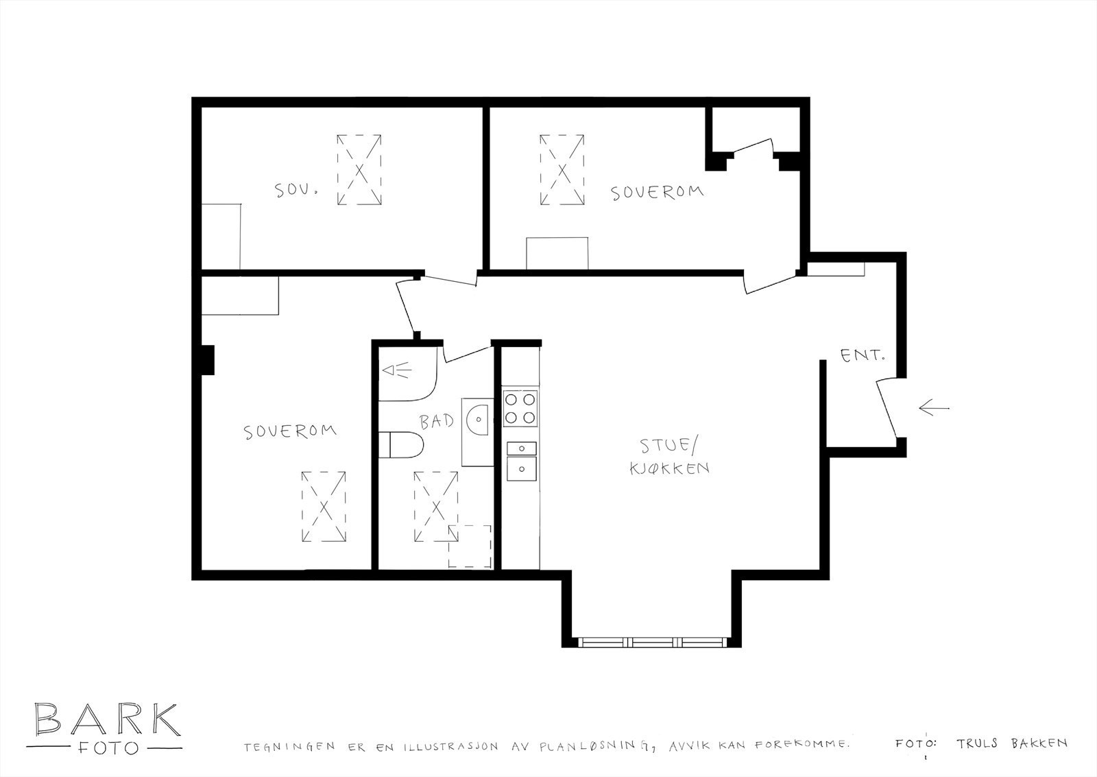 Planskisse (5.etasje) - Leiligheten er på 58 m², romslig og inneholder Entre/stue/kjøkken (26,9 m²), Bad (4,8 m²), Soverom (10,1 m²), Soverom 2 (7,8 m²), Soverom 3 (6,9 m²). Galleribilde