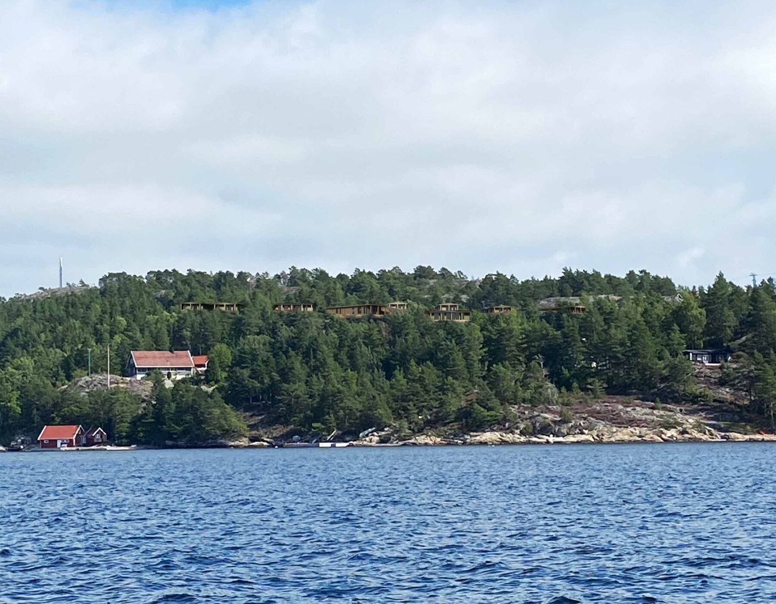 Hyttene illustrert, sett fra sjøen Galleribilde
