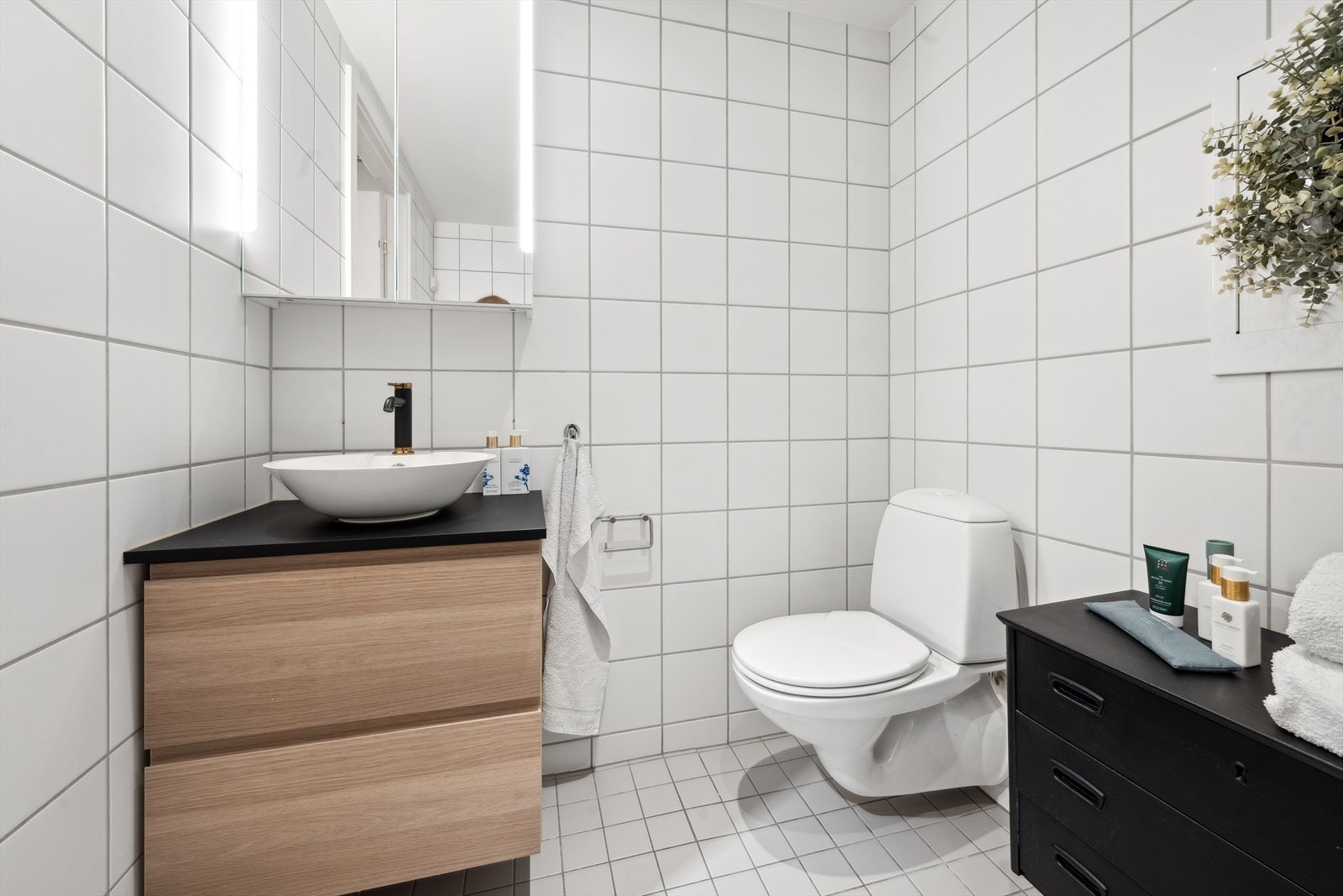 Dusjhjørne med 2 stk svingbare glassdører og 2- greps blandebatteri. Innredning med slette fronter og toppmontert servant med 1-greps blandebatteri og avløpsrør av plast. Opplegg for vaskemaskin, og vegghengt toalett. Galleribilde