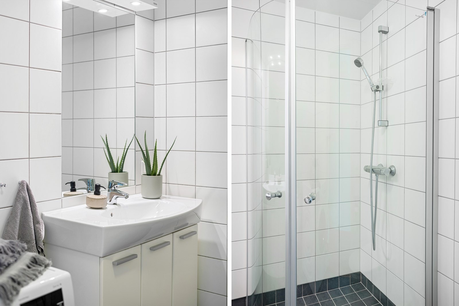 Varmekabler og opplegg for vaskemaskin er montert, og badet har vegghengt toalett og et dusjhjørne med innfellbare glassvegger. Galleribilde