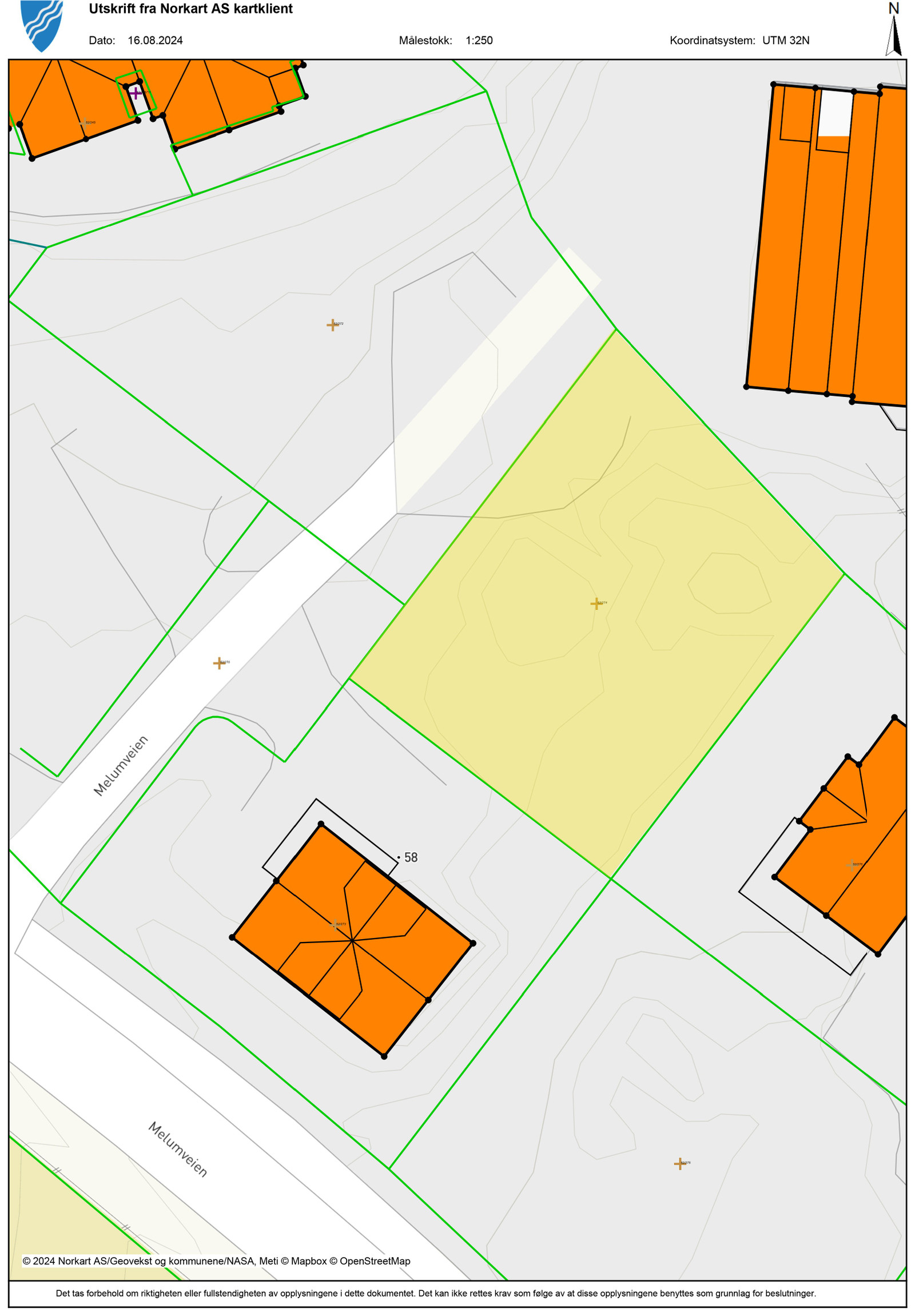 Plassering av tomten illustrert i gult fra Modum Kommune. Avvik vil forekomme