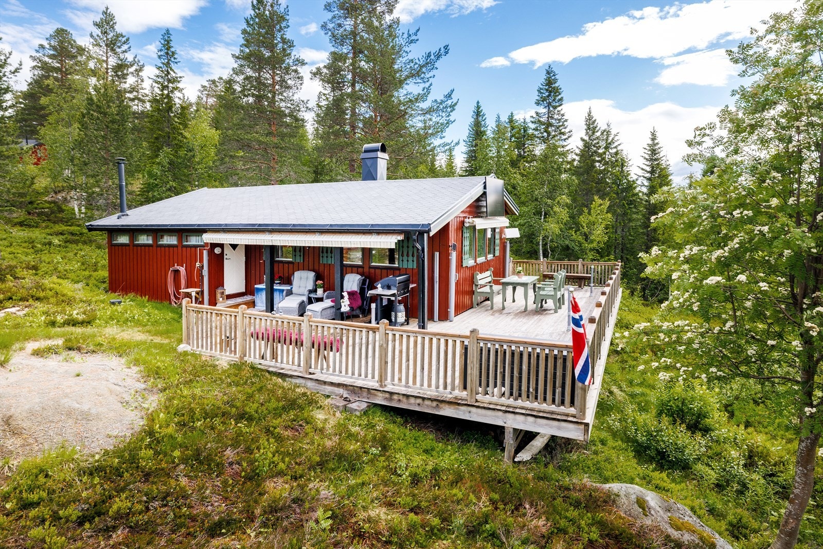 Hytta ligger ca. 200 meter fra vannet med gode bade og fiskemuligheter Galleribilde