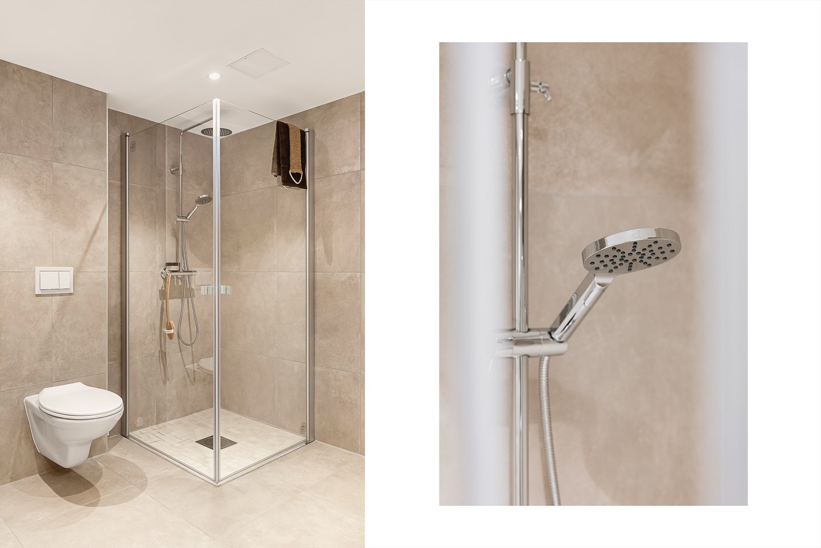 Det inneholder servant med store skuffer under, speilskap dusj med dører i klart glass og vegghengt toalett. Badet har gulvvarme samt opplegg for vaskemaskin og plass til tørketrommel. Galleribilde