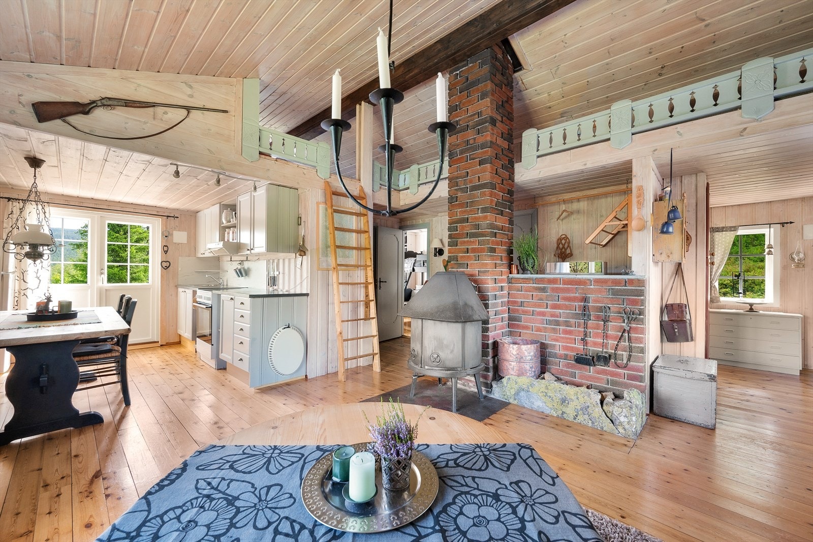 Innvendig får man den tradisjonelle hyttefølelsen. Galleribilde