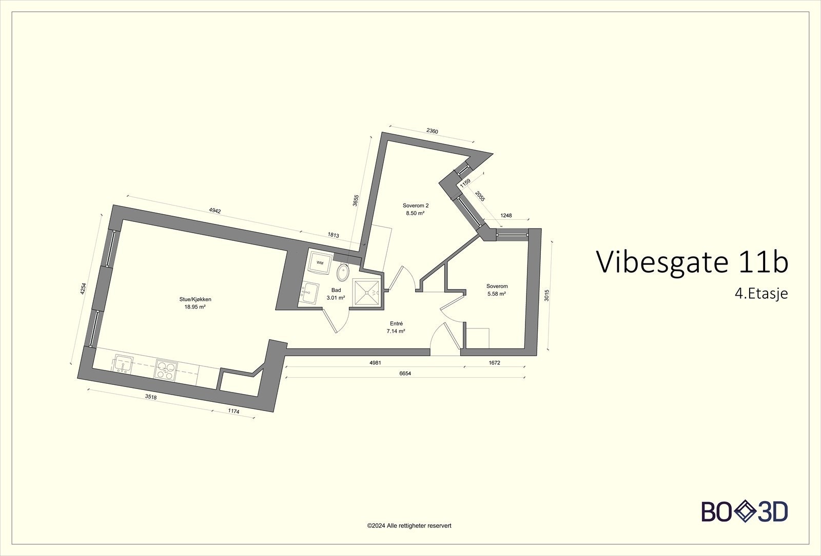 4. etasje: (46 m² internt bruksareal): Entré/gang, stue med åpen kjøkkenløsning, to soverom (begge med vinduer inn mot bakgård) og dusjbad/wc Galleribilde