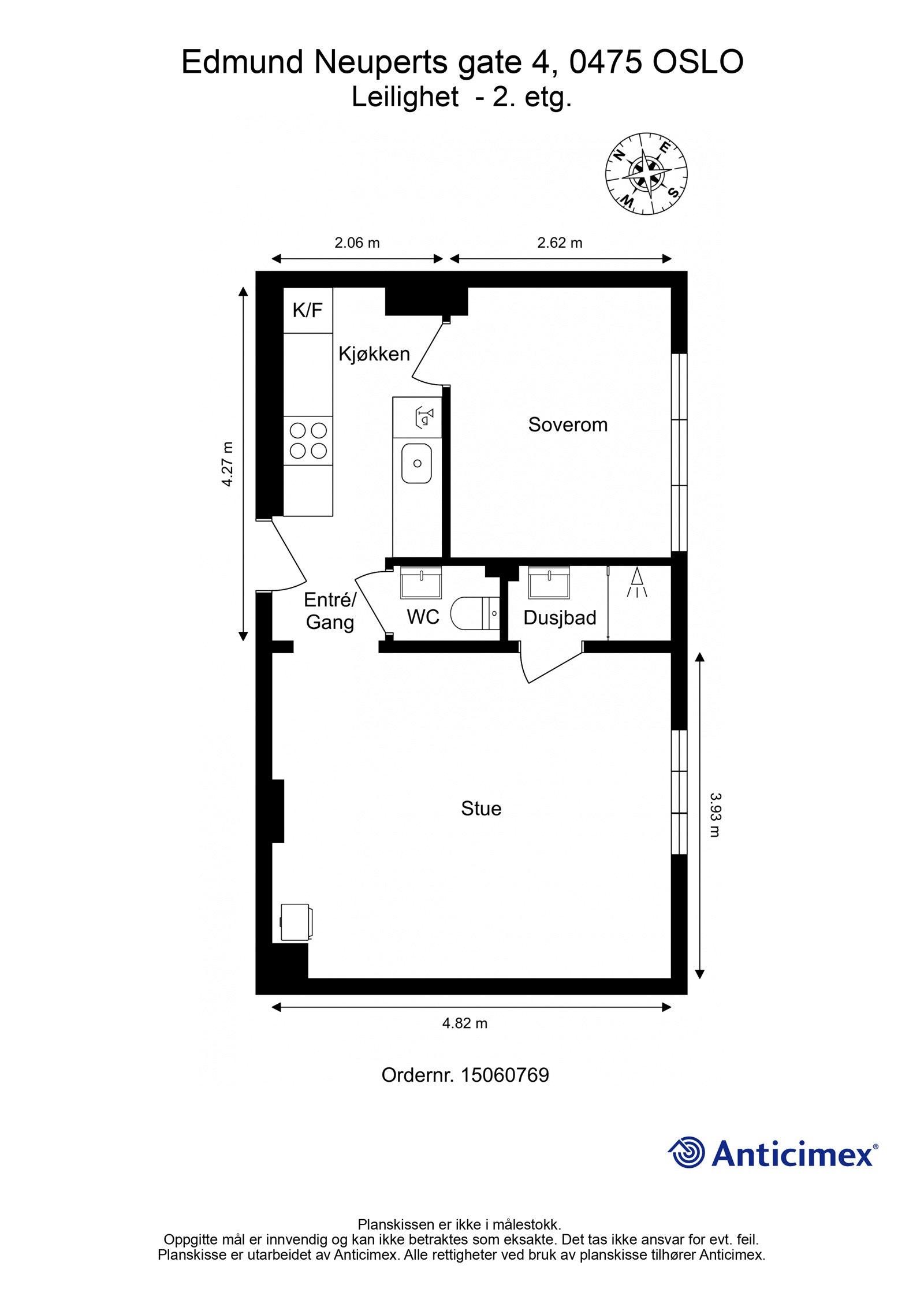 Plantegning. I tillegg disponerer leiligheten en loftsbod på ca. 4m² og en kjellerbod på ca. 8m². Galleribilde