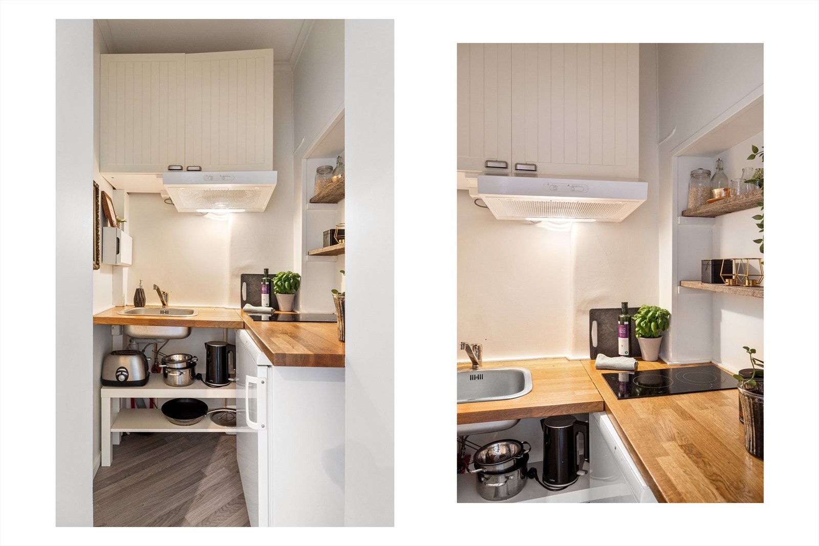 Enkelt kjøkken med benkeplate i eik. Galleribilde