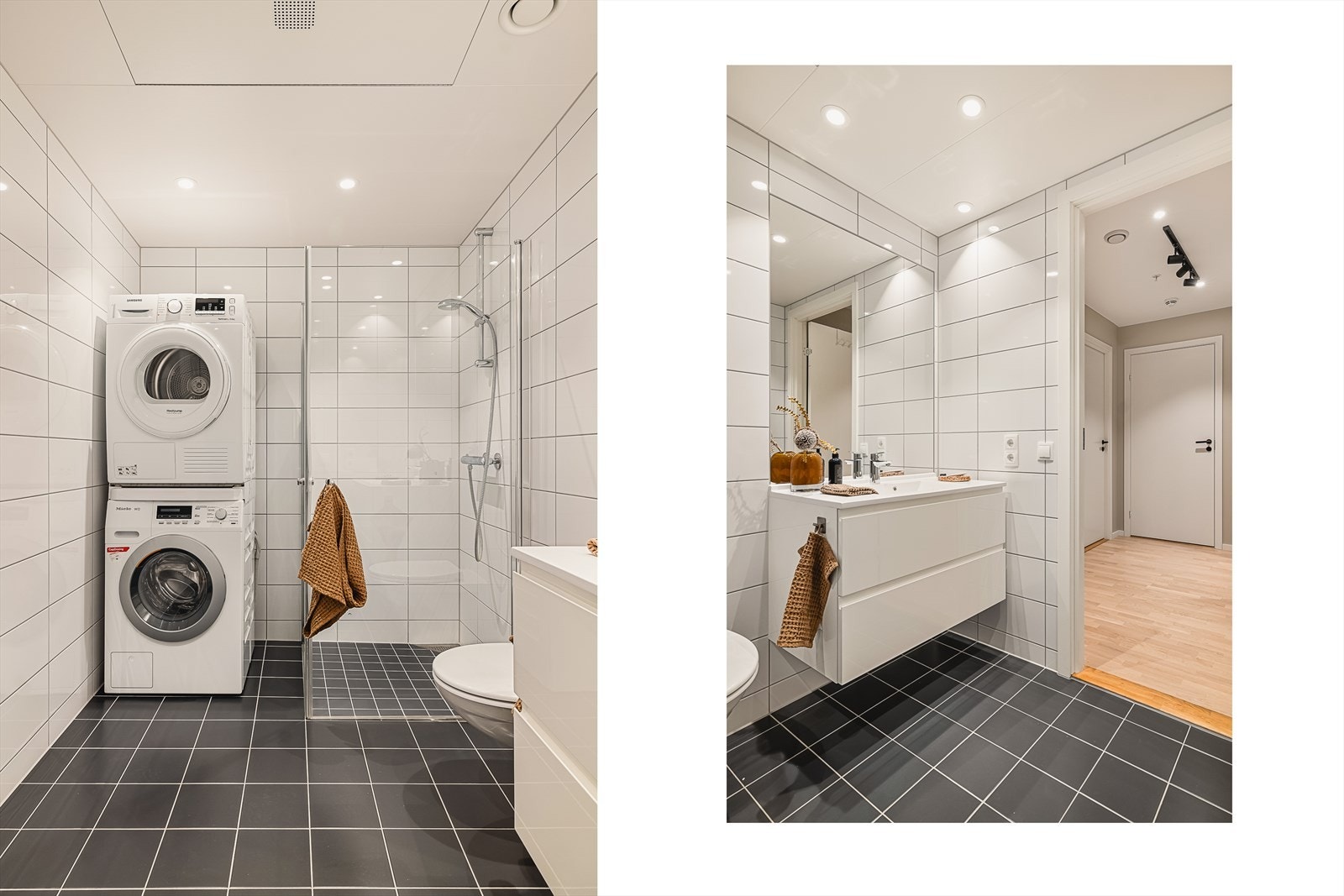 Vegghengt servantinnredning med skuffer og ovenpåliggende servant med ett-greps armatur.
Speil med overlys og stikkontakt over servant.
Vegghengt dusjarmatur og toalett. Galleribilde