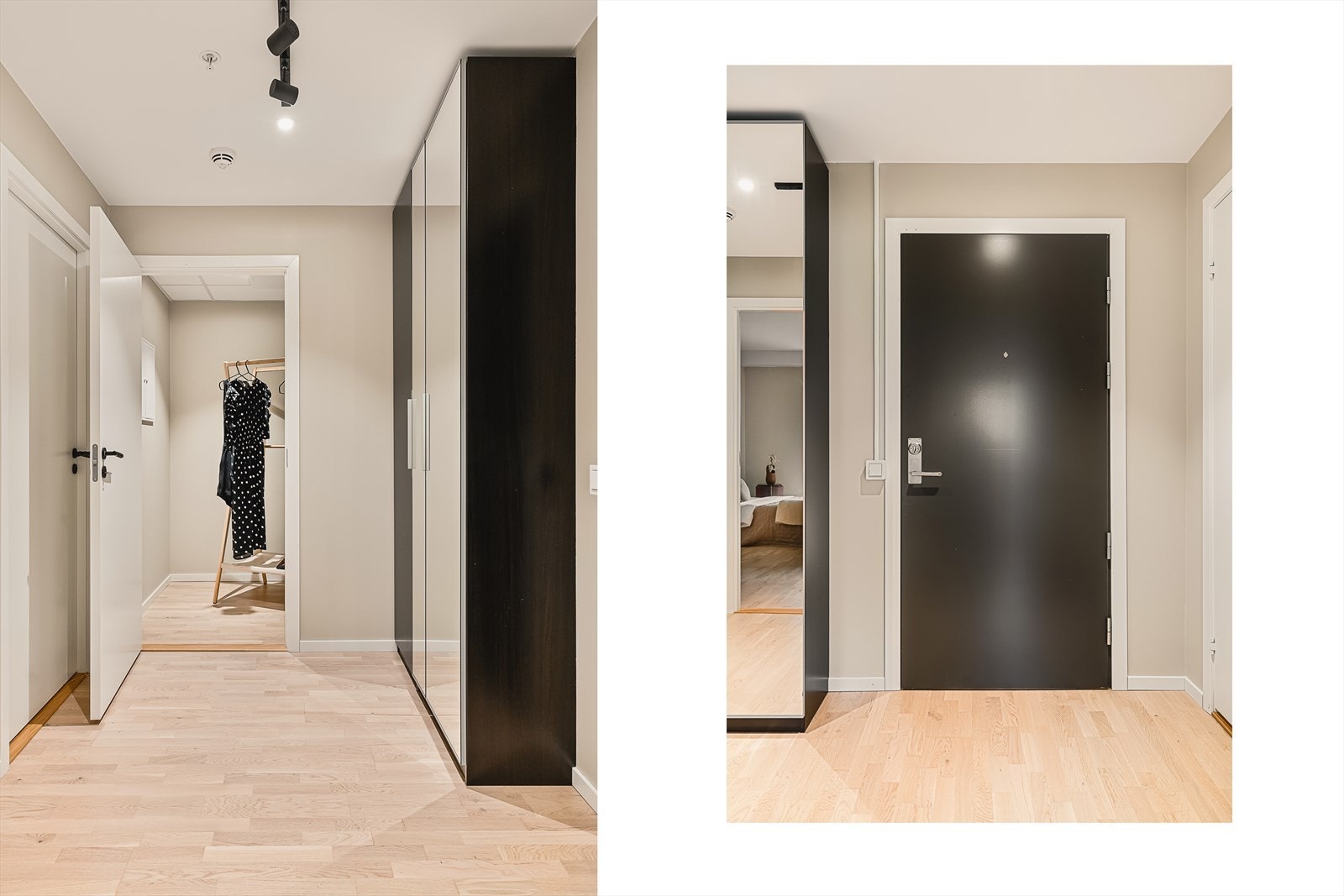 Romslig entré med garderobeløsning. Avbildet ser man også innvendig bod på ca. 3 kvm. Galleribilde