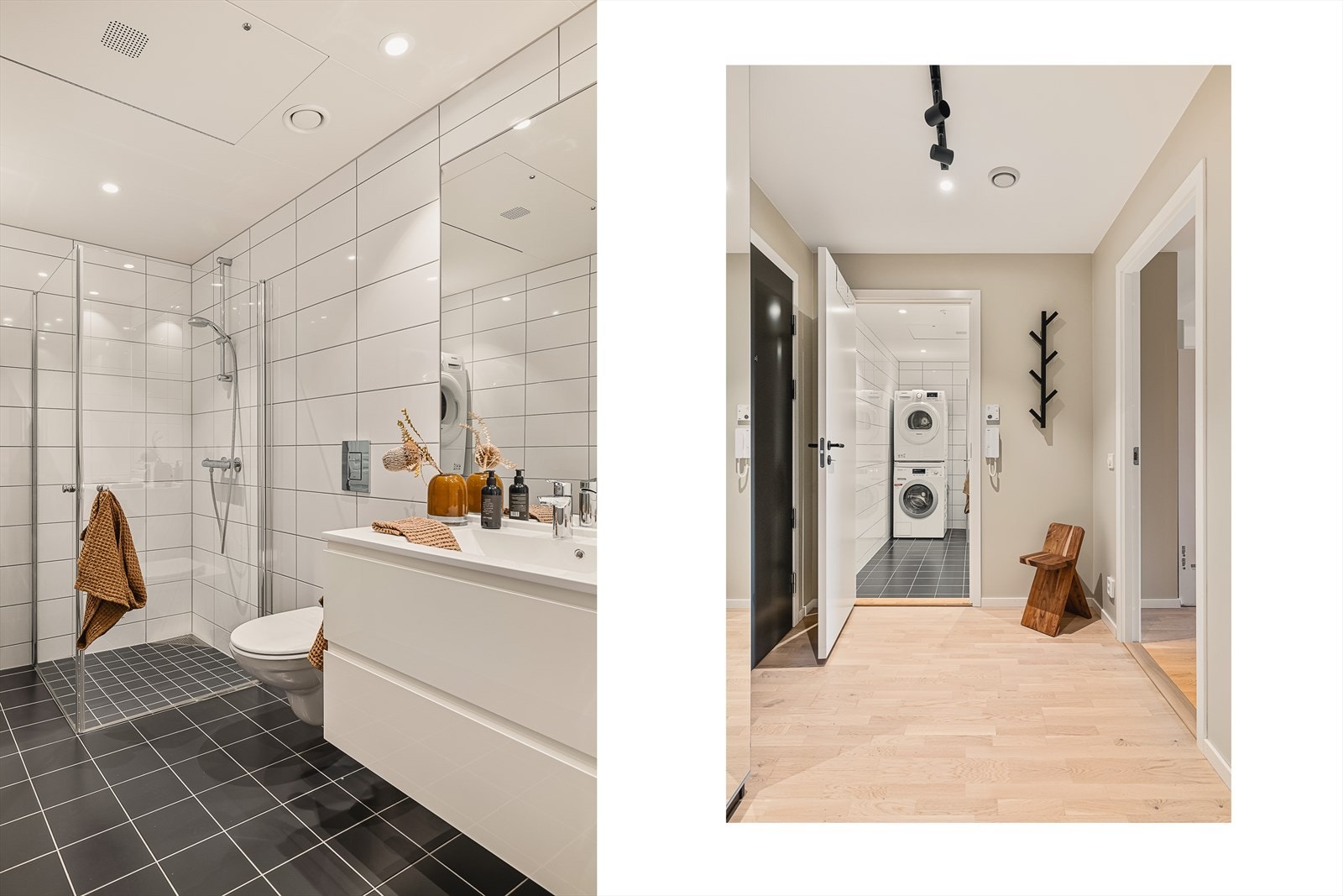 Moderne og tidløst baderom med flislagt gulv med gulvvarme. Galleribilde